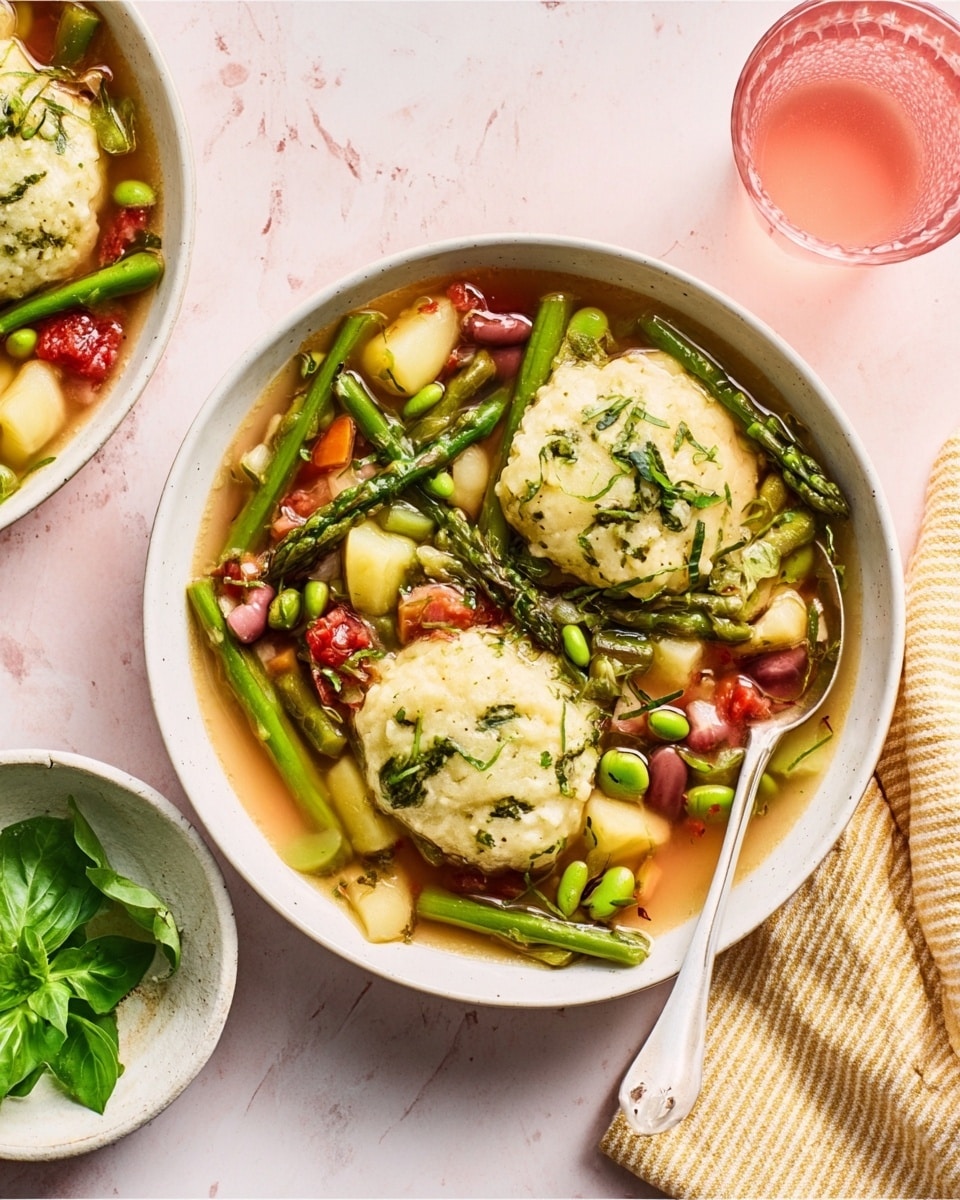 The image shows a white bowl filled with a colorful vegetable soup on a white marbled surface. The soup has two large, pale dumplings with green herbs on top that float near the center. Around them are bright green asparagus stalks, red tomato pieces, light green lima beans, brown beans, and light yellow potato slices, all mixed in a clear broth. A white spoon with a long handle is partially submerged in the soup near the dumplings. Beside the bowl is a small white bowl filled with fresh green basil leaves. The scene also includes a pink drink in a clear glass and a pale yellow striped cloth napkin nearby. Photo taken with an iphone --ar 4:5 --v 7