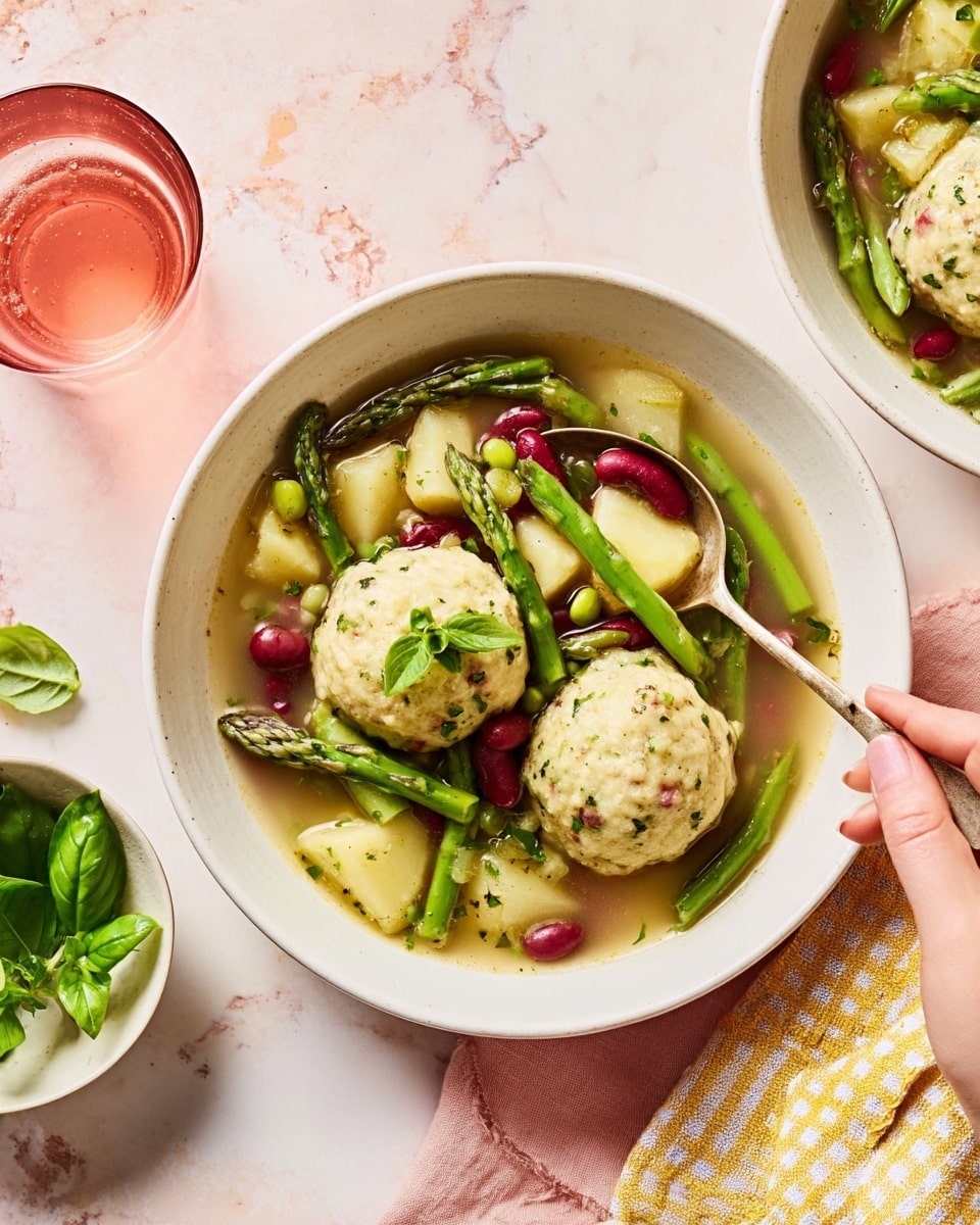 A white bowl filled with soup containing green asparagus, pale yellow potato slices, red kidney beans, and small green beans in a light broth. On top, there are two large, round, creamy beige dumplings with specks of green herbs. A silver spoon scoops one dumpling, held by a woman's hand, with a small fresh green herb garnish on it. Next to the bowl is a small white bowl with fresh green basil leaves. The setting is on a white marbled surface with a soft pink cloth underneath, and a glass of pink drink and a folded yellow and white checkered napkin are also visible. photo taken with an iphone --ar 4:5 --v 7