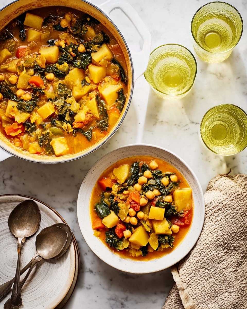 A white pot filled with thick vegetable stew sits on a white marbled surface, showing chunky layers of diced yellow potatoes, light beige chickpeas, green leafy vegetables, and red tomato pieces in a rich orange broth. Next to it is a white bowl containing the same stew, fully filled with visible layers of all ingredients mixed evenly. Alongside the bowl, two shiny silver spoons rest on a white plate, and a textured white cloth napkin is placed nearby. Two glasses with light yellow drink add a soft glow to the scene. The background is a white marbled texture under warm lighting. Photo taken with an iphone --ar 4:5 --v 7