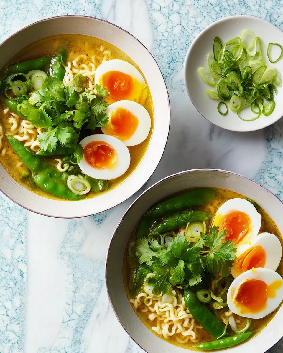 Two white bowls filled with a noodle soup layered in four main parts. The bottom layer is light yellow broth with a smooth texture, partially covering noodles that are curly and pale yellow. On top of the noodles, there are bright green snap peas and thin slices of light green scallions scattered evenly. The final layer has halved soft-boiled eggs with white edges and bright orange yolks slightly runny, along with fresh, vibrant green cilantro leaves placed in the center of each bowl. To the right of the bowls is a small white bowl with extra sliced scallions. The bowls rest on a white marbled surface. Photo taken with an iphone --ar 4:5 --v 7