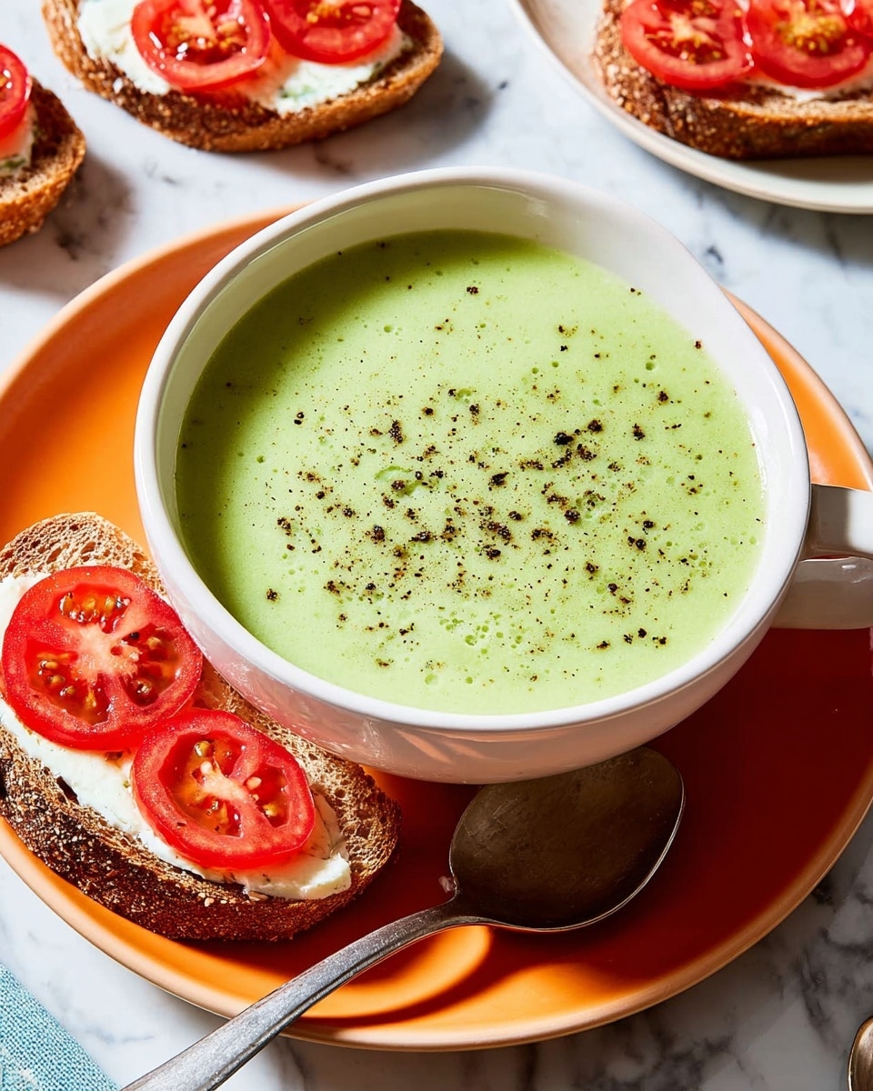 A white bowl filled with smooth light green soup topped with small black pepper specks sits on an orange plate. Next to the bowl on the plate is a silver spoon and a piece of brown bread with cream cheese and two bright red tomato slices on top. Around the plate, there are more brown bread pieces with cream cheese and tomatoes, all placed on a white marbled surface. The light in the scene is bright, highlighting the fresh colors of the food. photo taken with an iphone --ar 4:5 --v 7