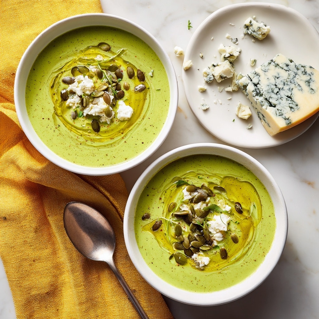 Two white bowls filled with creamy green soup are placed on a white marbled surface with a yellow cloth underneath part of them. The soup has swirls of golden olive oil on top and is sprinkled with small chunks of white cheese, green herbs, and a mix of seeds including sunflower and pumpkin seeds. One bowl has a spoon resting inside it. Near the bowls, there is a white plate holding a wedge of blue cheese with some crumbs scattered around it. Photo taken with an iphone --ar 4:5 --v 7