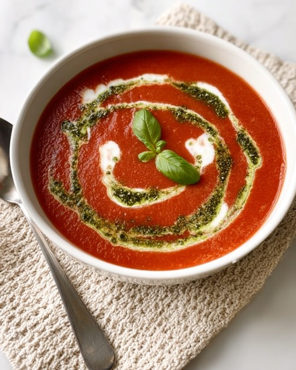 A white bowl filled with smooth red tomato soup topped with swirls of white cream and green pesto sauce arranged in a circular pattern on the surface, garnished with three fresh green basil leaves placed near the middle, sitting on a beige knitted cloth on a white marbled surface, with a shiny silver spoon placed to the left side of the bowl; photo taken with an iphone --ar 4:5 --v 7