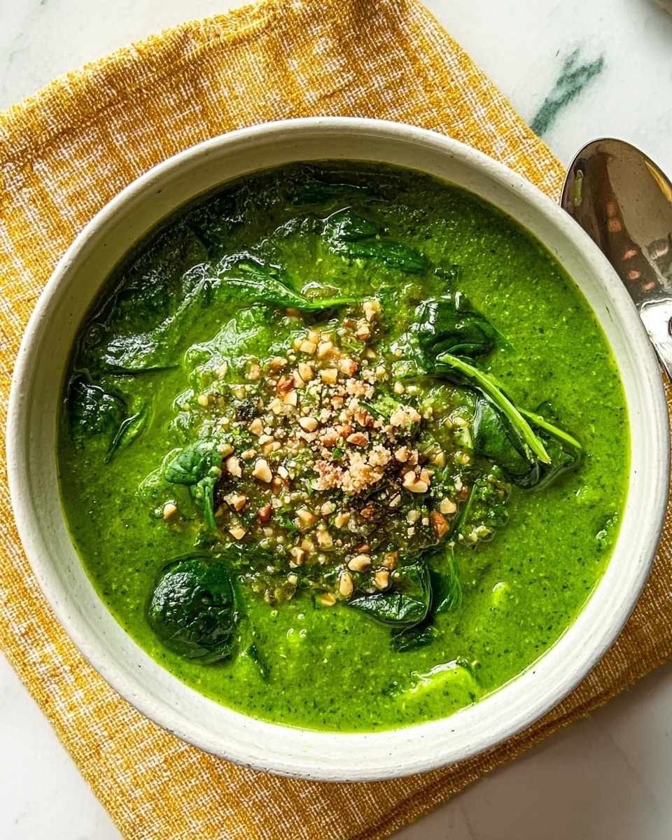 A white bowl sits on a white marbled surface with a mustard yellow checkered cloth underneath, filled with a thick green soup that has a smooth and slightly chunky texture, topped with a spoonful of finely chopped nuts and herbs creating a rough, coarse layer. The soup has visible spinach leaves scattered throughout, adding a darker green shade and leafy texture to the vibrant base layer of the soup. Photo taken with an iphone --ar 4:5 --v 7