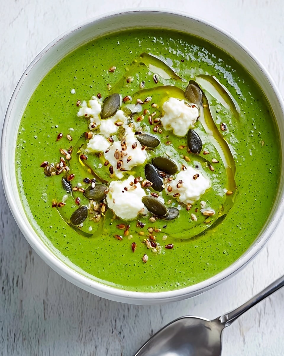 The image shows a white bowl filled with green soup that has a smooth, creamy texture. The soup is topped with small white pieces of soft cheese, a drizzle of golden oil, and a sprinkle of mixed seeds including pumpkin, sunflower, and sesame seeds, adding some texture and color contrast. The bowl is placed on a white marbled surface, and to the side, there is a silver spoon partly visible. Photo taken with an iphone --ar 4:5 --v 7