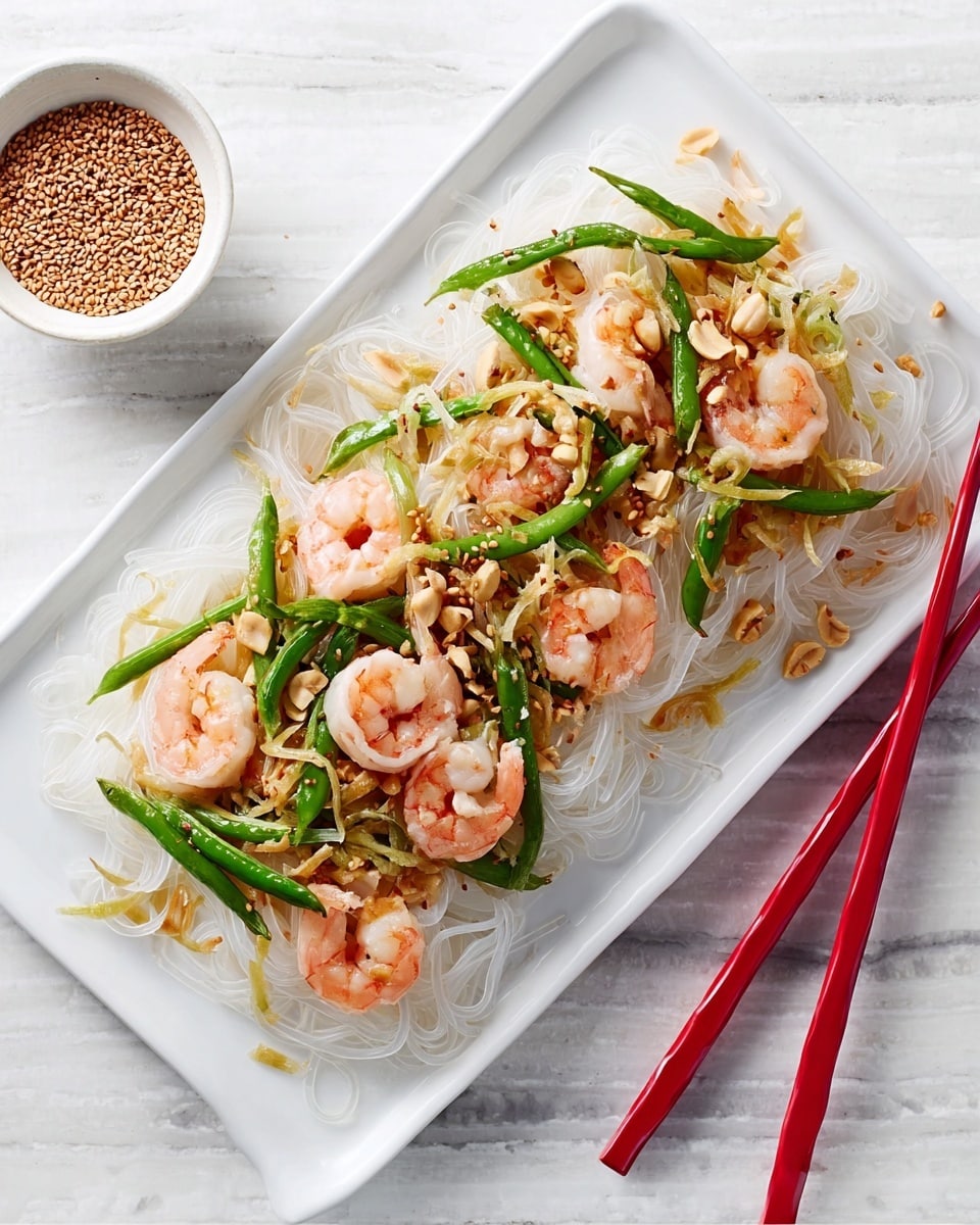 A rectangular white plate holds a dish with two main layers. The bottom layer is made of white, soft rice noodles spread evenly across the plate. On top, there are several pink shrimp scattered, bright green sliced beans, thin light brown onion pieces, and small bits of crushed peanuts. The food looks fresh and lightly cooked. Next to the plate, there is a pair of shiny red chopsticks resting on the right side, and a small white bowl filled with sesame seeds at the top left corner. The whole scene sits on a white marbled surface. photo taken with an iphone --ar 4:5 --v 7
