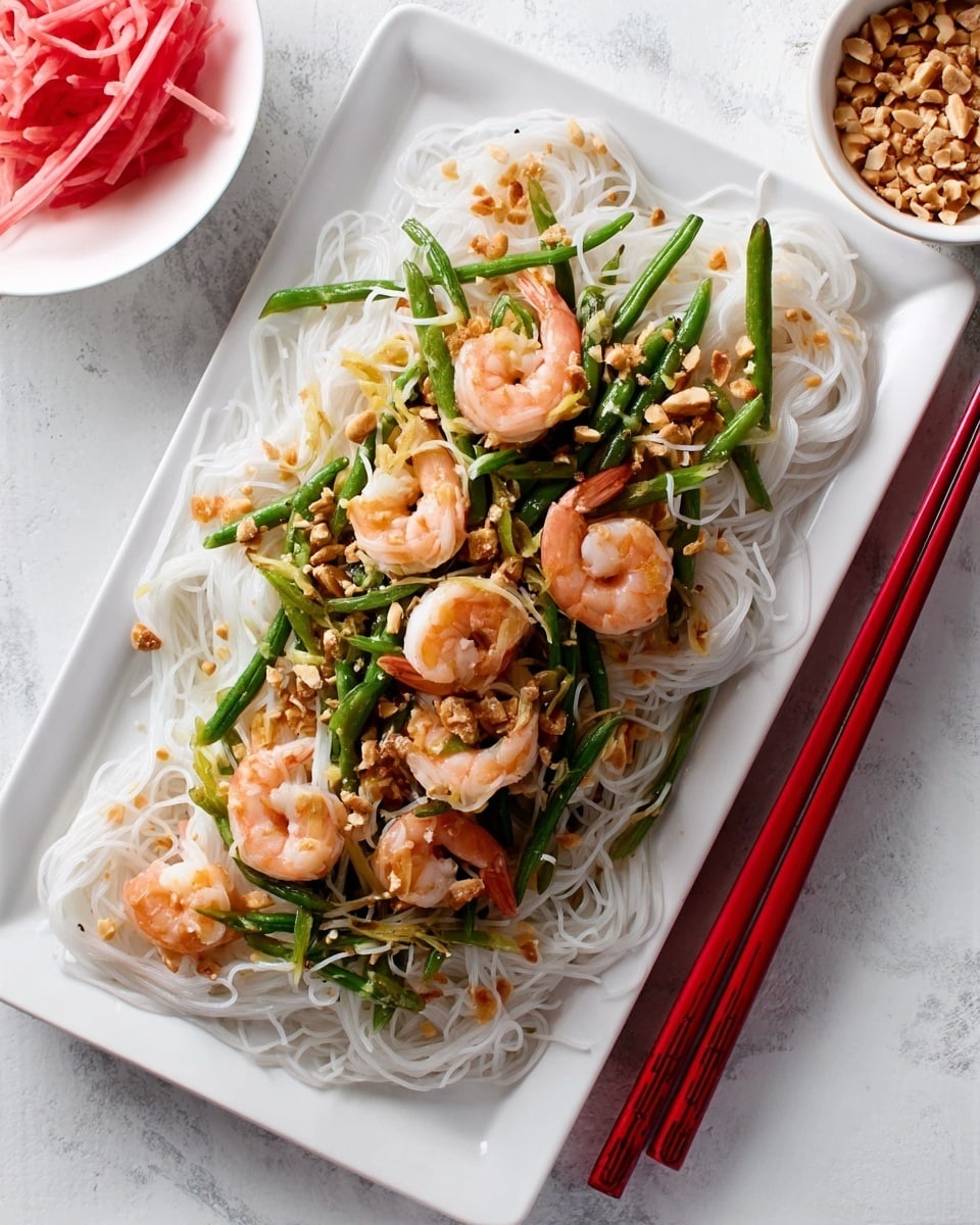 The image shows a white rectangular plate filled with three main layers: the bottom layer is soft, white rice noodles loosely spread across the plate; on top, there is a mix of bright green beans, light brown bean sprouts, and small orange-pink cooked shrimp scattered evenly; the top layer is sprinkled with light brown crushed peanuts adding texture. A pair of red chopsticks rest diagonally on the bottom right edge of the plate, all set on a white marbled surface. Nearby, a small white bowl with crushed peanuts and folded pink pickled ginger are placed at the top left corner. Photo taken with an iphone --ar 4:5 --v 7
