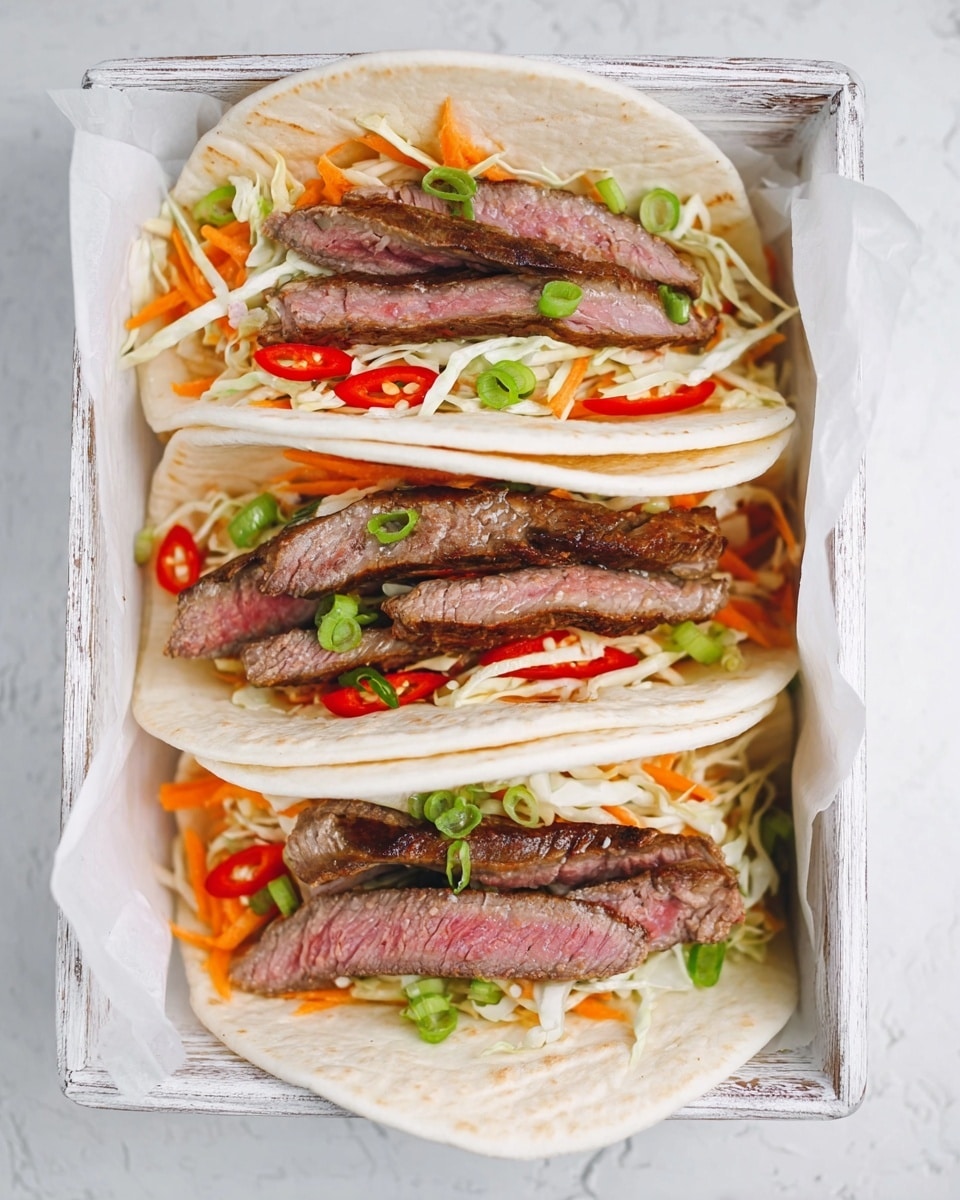 The image shows three soft white tortillas stacked side by side inside a white basket lined with white paper. Each tortilla is filled with three main layers: the bottom layer has thin, bright orange carrot strips mixed with shredded white cabbage and small pieces of green onion, giving a fresh, crunchy look. The middle layer contains medium-rare steak slices with a pink center and brown edges, placed evenly along the length of the tortillas. The top layer has scattered thinly sliced red peppers and green onions, adding bright color and texture contrast. The basket is placed on a white marbled surface. Photo taken with an iphone --ar 4:5 --v 7