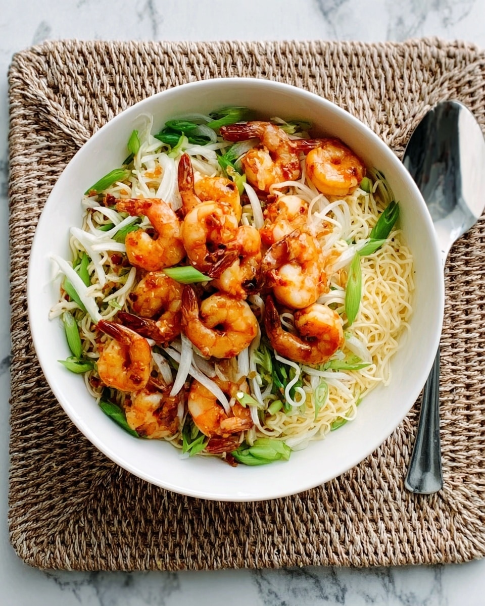 A white bowl filled with a layered shrimp dish is placed on a woven mat over a white marbled surface. The bottom layer shows light yellow noodles with a smooth texture. On top, there are bright green sliced vegetables scattered evenly. The top layer features cooked shrimp, orange in color with a slight glaze, and some thinly sliced white onions scattered throughout. A silver spoon rests to the right of the bowl on the mat. Photo taken with an iphone --ar 4:5 --v 7