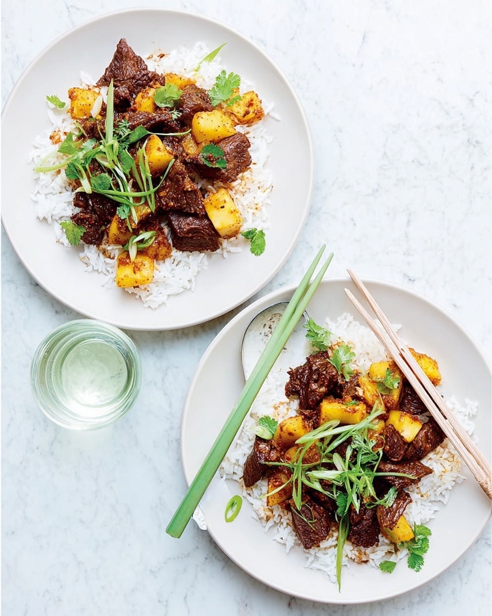 Two white plates sit side by side on a white marbled surface, each filled with a bed of white rice topped with pieces of dark brown cooked beef and golden-brown fried potatoes. Bright green fresh herbs are scattered on top, adding a fresh touch of color. One set of chopsticks with a light wooden color rests on the right side of the right plate, while a pair of green chopsticks lies across the left plate. Between the plates, there is a clear glass cup filled with water. The overall look is simple and clean, with the focus on the rich colors of the food. Photo taken with an iphone --ar 4:5 --v 7