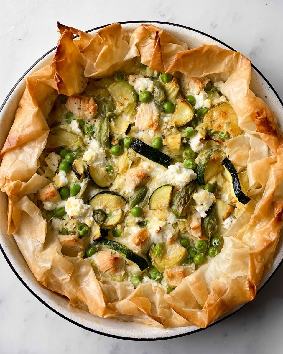 A round pie with a golden, flaky crust that is unevenly folded around the edges in a rustic style, inside showing a filling made of white crumbled cheese, light green peas, darker green snow peas, and slices of zucchini in pale green with darker skin, all mixed with light orange chunks that could be chicken, arranged in a white baking pan placed on a white marbled surface. The pie looks fresh with crispy and slightly browned layers of pastry on top, the filling has a moist and textured look showing vegetable and protein pieces clearly. Photo taken with an iphone --ar 4:5 --v 7