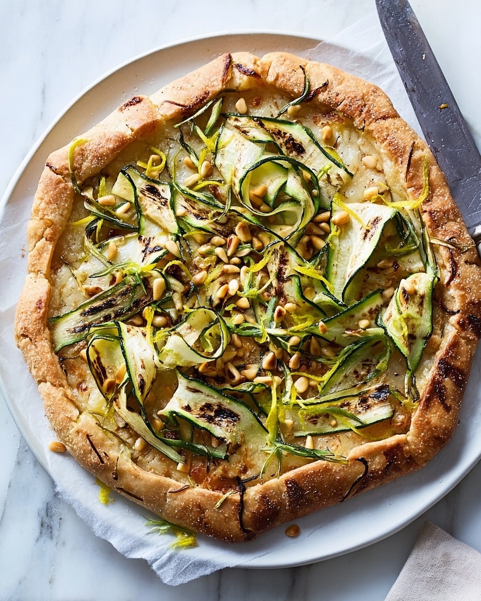 A rustic single-layer pizza with a thick, golden-brown crust that looks crispy and slightly uneven around the edges, topped with green grilled zucchini ribbons placed loosely across the pizza, dark grill lines visible on some slices, scattered pine nuts adding small round beige dots, and thin lemon zest curls bright yellow and sprinkled over the top, all set on a white plate on a white marbled surface, with a knife lying next to the plate. Photo taken with an iphone --ar 4:5 --v 7