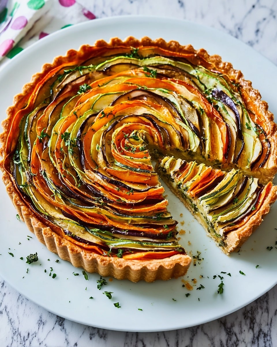 The image shows a round vegetable tart placed on a white plate set on a white marbled surface. The tart has a golden-brown crust with a crimped edge and is filled with multiple layers of thinly sliced vegetables arranged in a spiral pattern, resembling a flower. The outer layers are orange from carrots, followed by green zucchini, creamy yellow from squash, and slight green herbs sprinkled on top for garnish. One wedge-shaped slice is cut and slightly pulled out, showing the colorful layers inside. Photo taken with an iphone --ar 4:5 --v 7