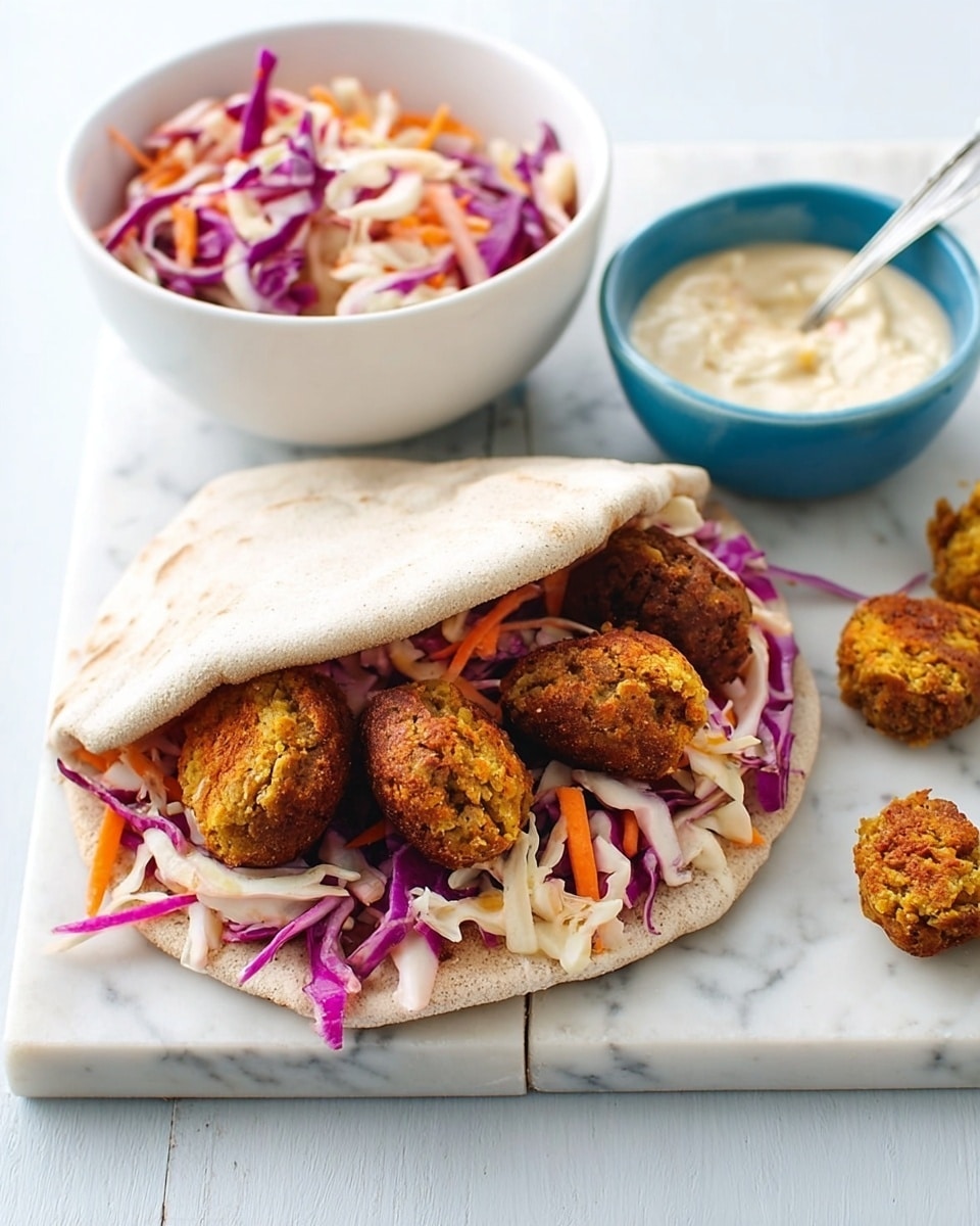A white pita bread is open and filled with four golden-brown falafel balls on top of a colorful mix of shredded purple cabbage, white cabbage, and orange carrot slivers, all visible and layered inside. Behind the pita, there is a white bowl filled with the same shredded vegetable mix and a small blue bowl next to it containing a creamy light beige sauce with a spoon. The setting is on a white marbled surface with a few pieces of falafel scattered near the pita. photo taken with an iphone --ar 4:5 --v 7
