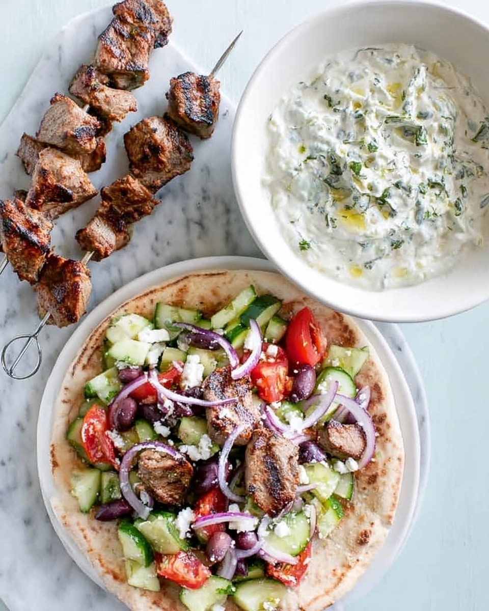 A white plate on a white marbled surface holds a fresh salad with sliced light green cucumbers, chunky red tomatoes, thin rings of purple onions, dark olives, and crumbled white feta cheese, all mixed together showing different textures and colors. Below the plate is a round flat pita bread topped with grilled brown meat chunks, salad pieces similar to the plate above, and a drizzle of creamy white sauce with small green herb bits. To the left are two metal skewers with more grilled brown meat chunks resting on the white marbled surface next to a white bowl filled with extra creamy white sauce dotted with green herbs. A woman's hand is reaching towards the skewers. photo taken with an iphone --ar 4:5 --v 7