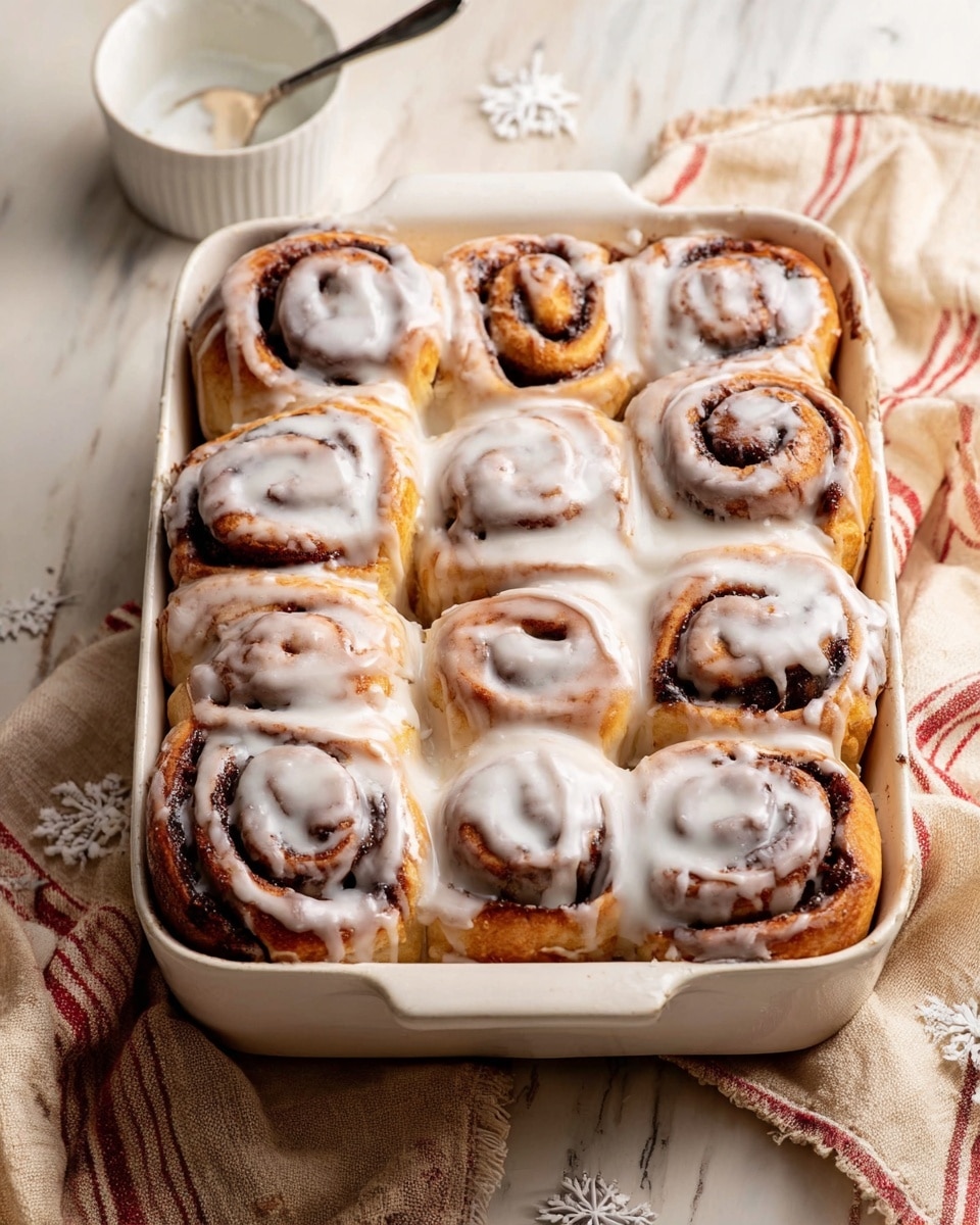 A white rectangular dish holds 12 cinnamon rolls arranged in a close fit with three rows of four rolls each. The cinnamon rolls have a soft golden brown dough base visible through swirled layers of dark cinnamon filling. Each roll is thickly coated with a shiny white glaze that drips over the sides, pooling partly on top of the dish. The rolls vary slightly in height and swirl shape but all show the classic spiral of dough and cinnamon. Around the dish is a white marbled surface with a beige and red striped cloth partially under it, and a small white bowl and silver spoon rest nearby. Photo taken with an iphone --ar 4:5 --v 7