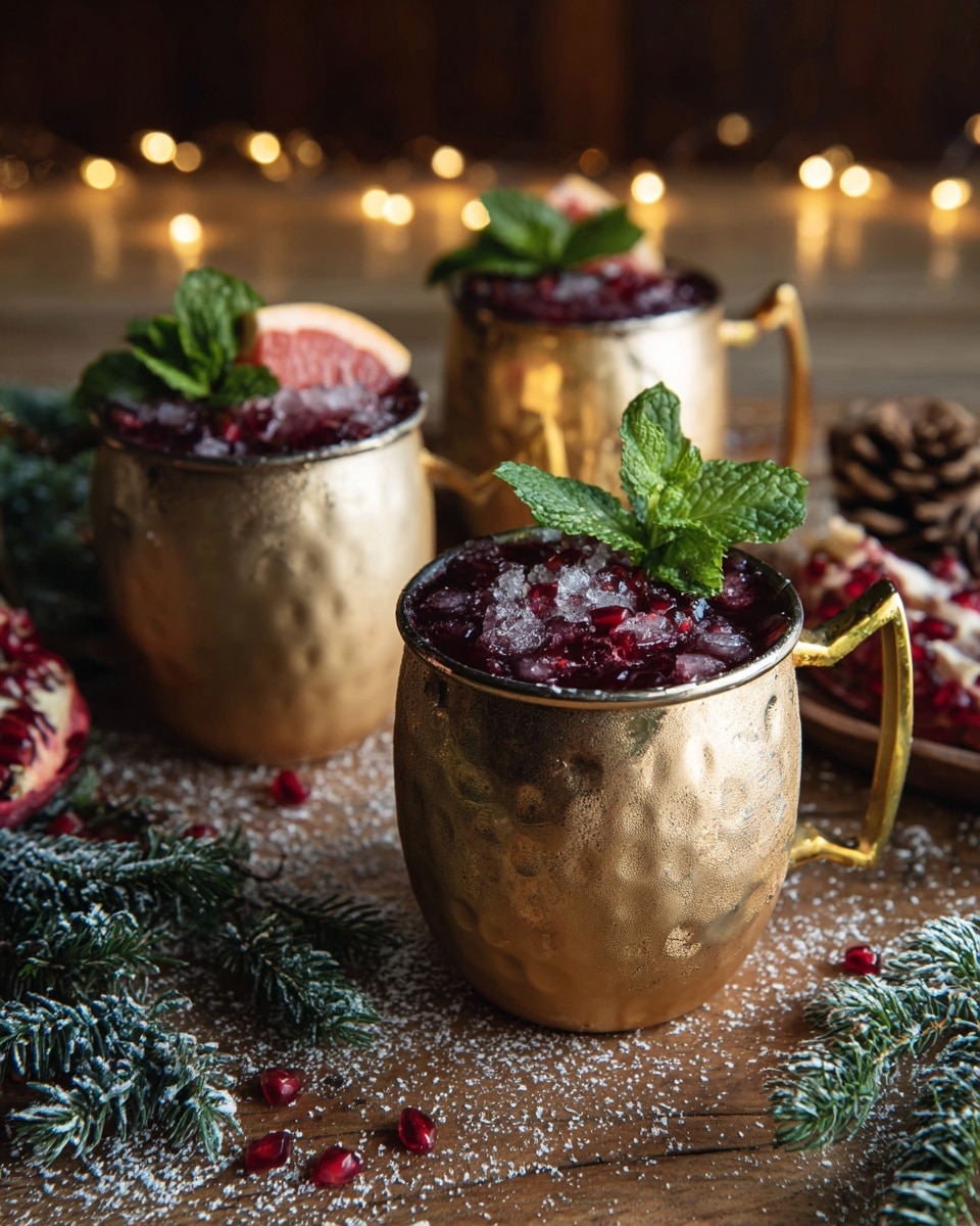 Three hammered brass mugs with shiny gold handles are filled with a deep red drink topped with pomegranate seeds, crushed ice, and a garnish of fresh green mint leaves and a small slice of pale pink grapefruit. The mugs are placed on a rustic wooden table decorated with a dusting of white powdered sugar, sprigs of frosted green pine with tiny pine cones, and scattered pomegranate seeds. In the soft-focused background, warm yellow fairy lights add a cozy glow. photo taken with an iphone --ar 4:5 --v 7