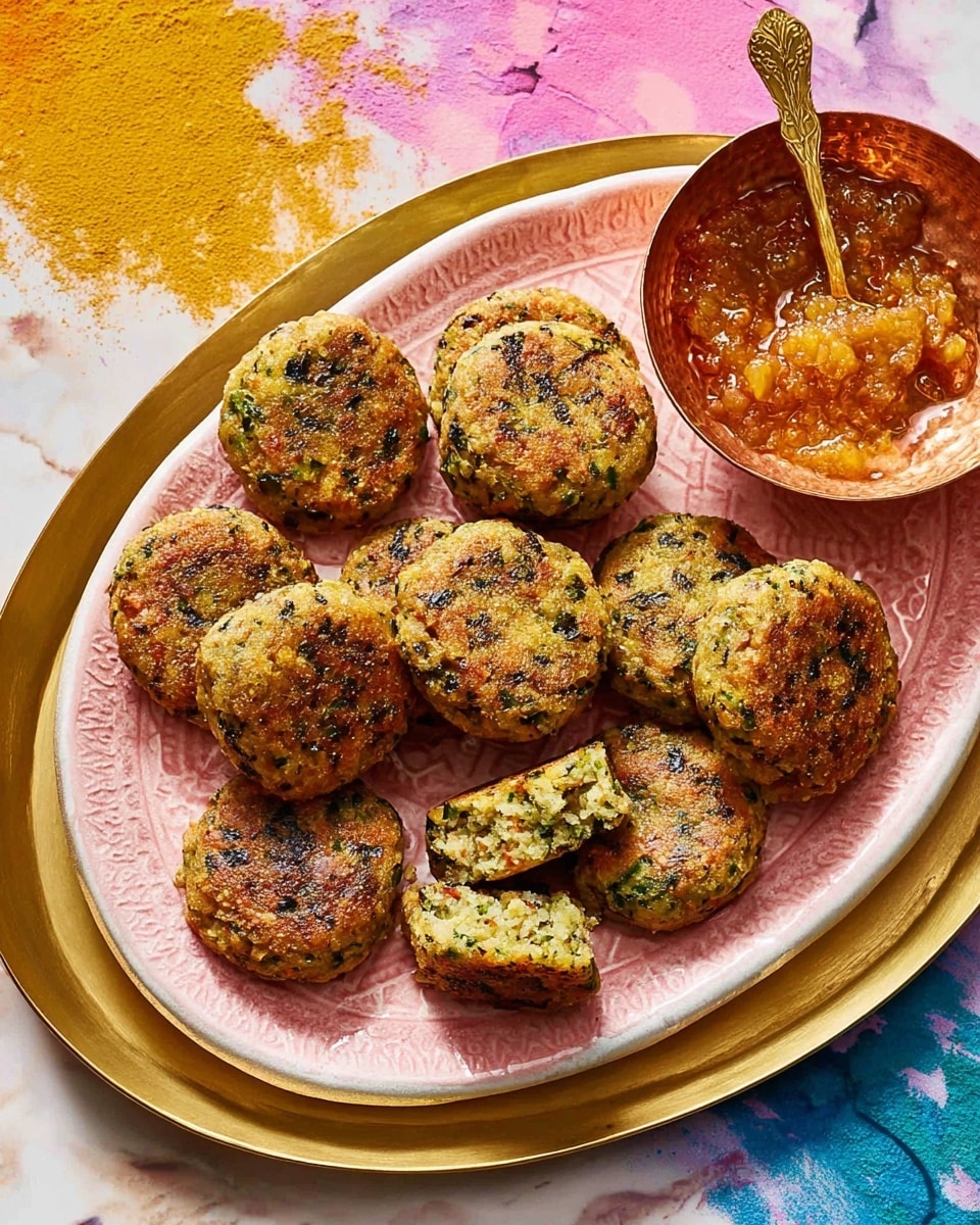 A close-up view of a white oval plate with a pink textured center, placed on a large gold tray, filled with about a dozen small, round patties that are golden brown with green flecks, showing a crispy outer layer and a soft, crumbly inside where one patty is broken in half. Next to the patties is a small round hammered copper bowl filled with golden chunky chutney and a small golden spoon resting inside. The background is a white marbled surface with splashes of bright pink and yellow powder on the upper left corner and blue on the lower right corner. photo taken with an iphone --ar 4:5 --v 7