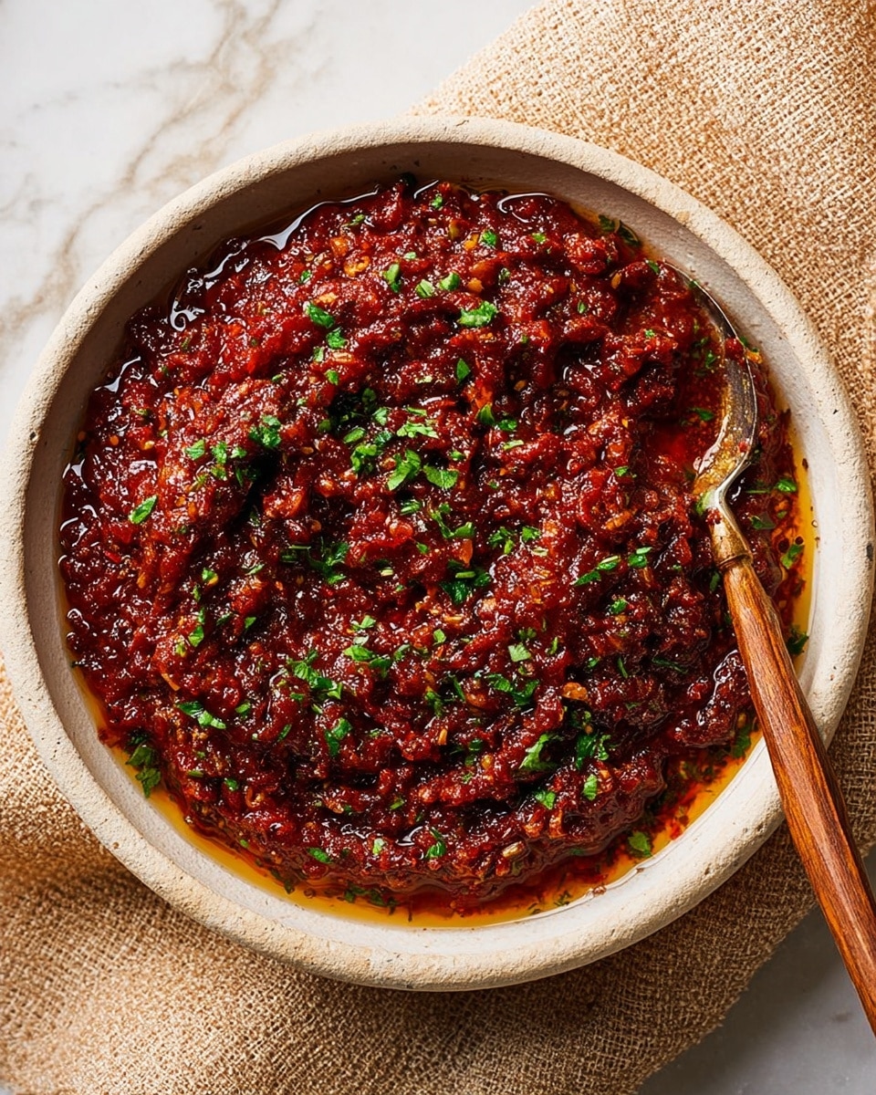 A round white bowl filled with a chunky deep red sauce that looks thick and textured, with small bits throughout. The surface of the sauce is shiny with some pools of oil reflecting light, and it is sprinkled with bright green chopped herbs, scattered unevenly on top. There is a spoon with a wooden handle partially dipped into the sauce, resting on the right side of the bowl. The bowl sits on a textured beige cloth, all placed on a white marbled surface. photo taken with an iphone --ar 4:5 --v 7