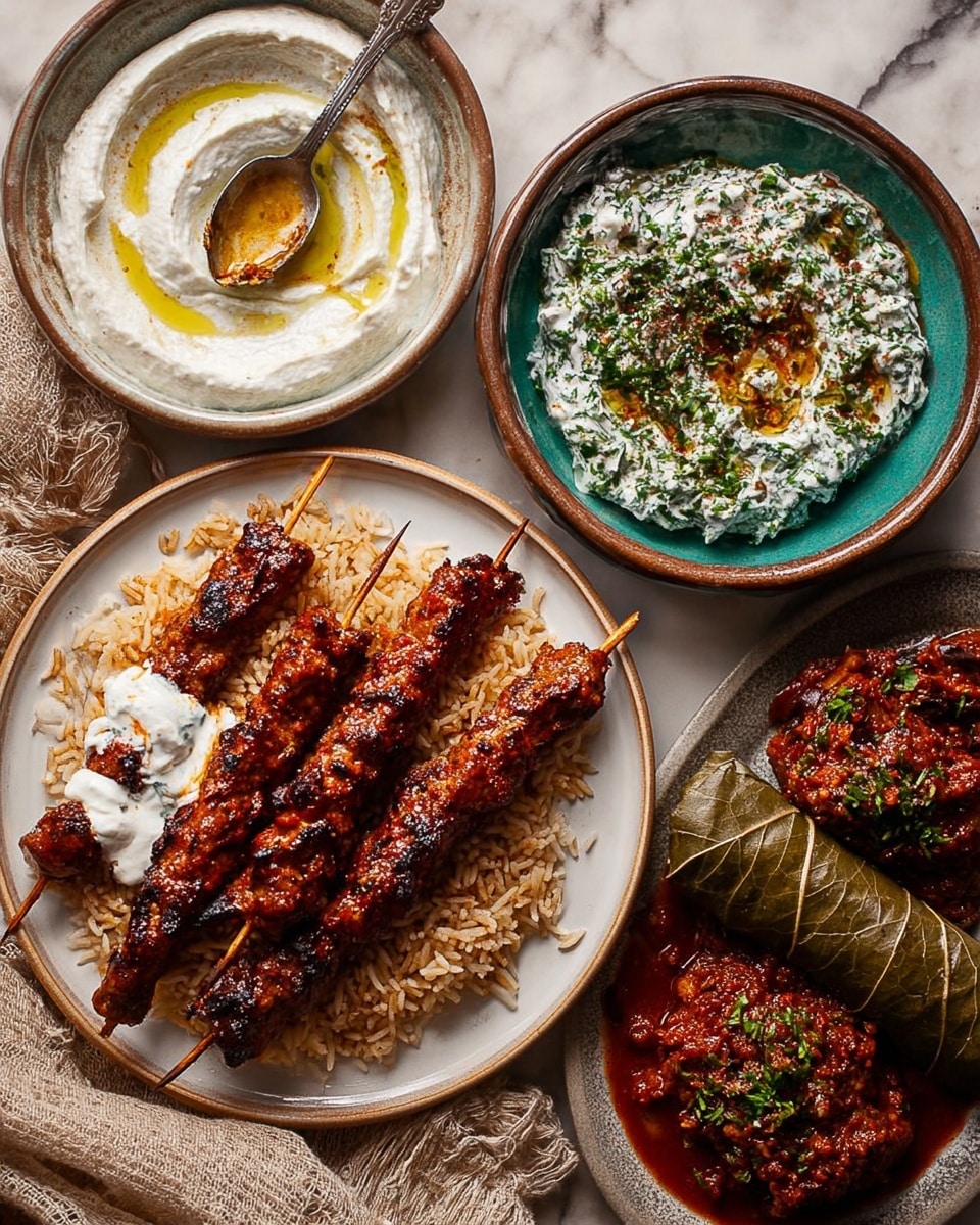 The image shows a meal with four spiced grilled meat skewers in dark reddish-brown color with sauce on a round white plate with a slightly raised edge. Below this plate, there is a round white bowl of creamy yogurt mixed with finely chopped green herbs and drizzled with olive oil on top, with a spoon resting inside. Next to these, a white plate holds a serving of fluffy brown rice as the base, layered with two small spiced meat skewers placed diagonally on one side, a creamy yogurt sauce dollop with visible herb bits near the top, a dark red stew with chopped green garnish on the right, and a wrapped stuffed grape leaf beside the stew. The background is a white marbled surface with a piece of beige linen cloth partly visible, creating a warm and rustic setting. Photo taken with an iphone --ar 4:5 --v 7