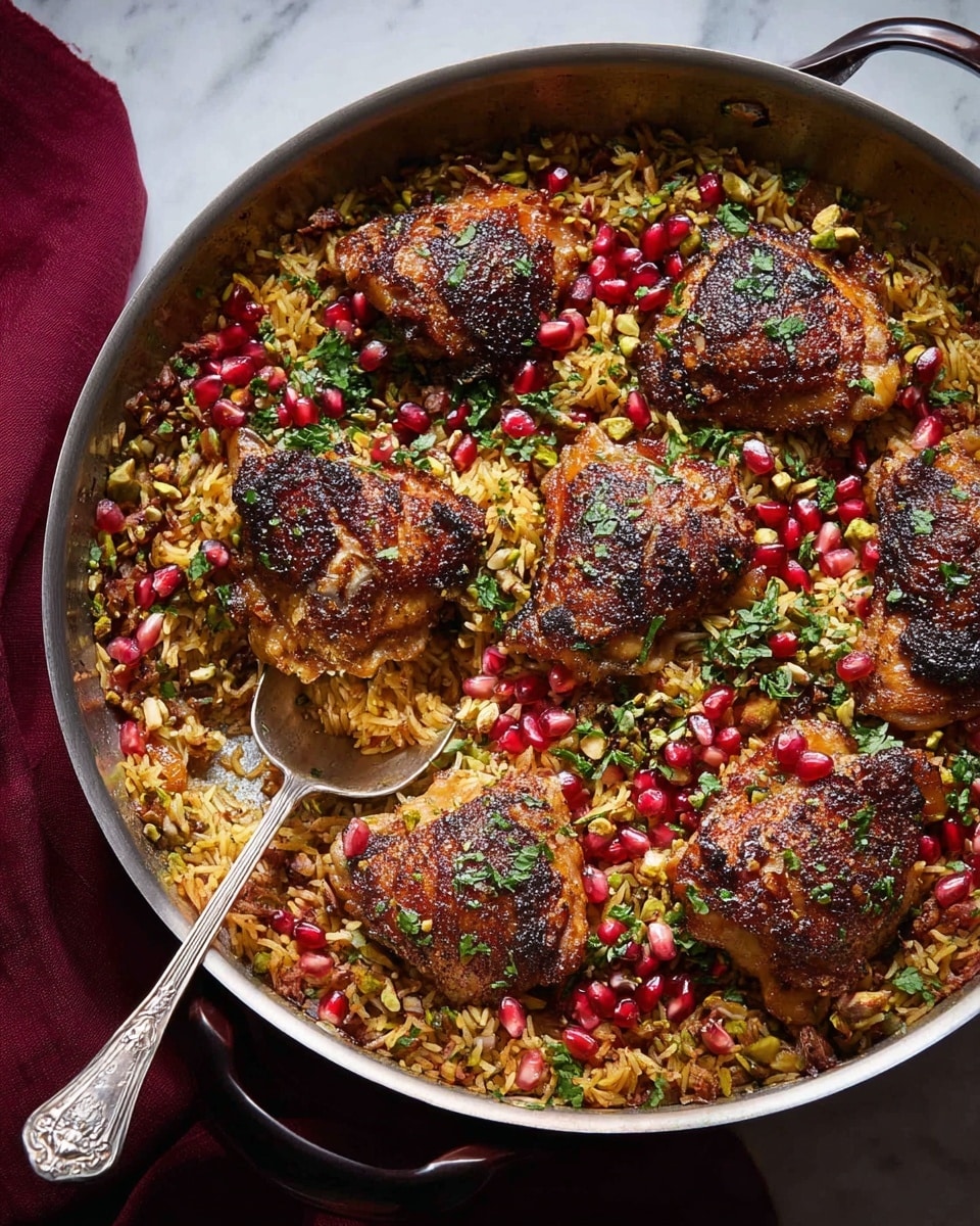 A large silver pan filled with a single layer of golden-brown cooked rice mixed with pistachios and pomegranate seeds, creating a colorful base. On top, seven pieces of well-seasoned, crispy chicken thighs with dark charred spots are evenly spread, each piece garnished with chopped fresh green herbs. The rice has a slightly oily texture with a mix of light and darker brown grains. A silver serving spoon is partially placed in the pan on the left side. The pan is placed on a white marbled surface with a burgundy cloth draped near the pan handle. Photo taken with an iphone --ar 4:5 --v 7