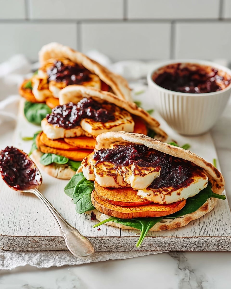 Three pita sandwiches lie on a white wooden board over a white marbled surface. Each pita is open-faced and folded, showing layers inside: at the bottom are fresh green spinach leaves, followed by three thick circlular slices of roasted sweet potato with a warm orange color, topped by two grilled pieces of halloumi cheese with golden brown edges. On top, there is a dark reddish-purple sauce spread generously. To the right, a white bowl holds more of the same dark sauce. A silver spoon with a scoop of the dark sauce rests on the left side of the board. The background features a white tiled wall. photo taken with an iphone --ar 4:5 --v 7