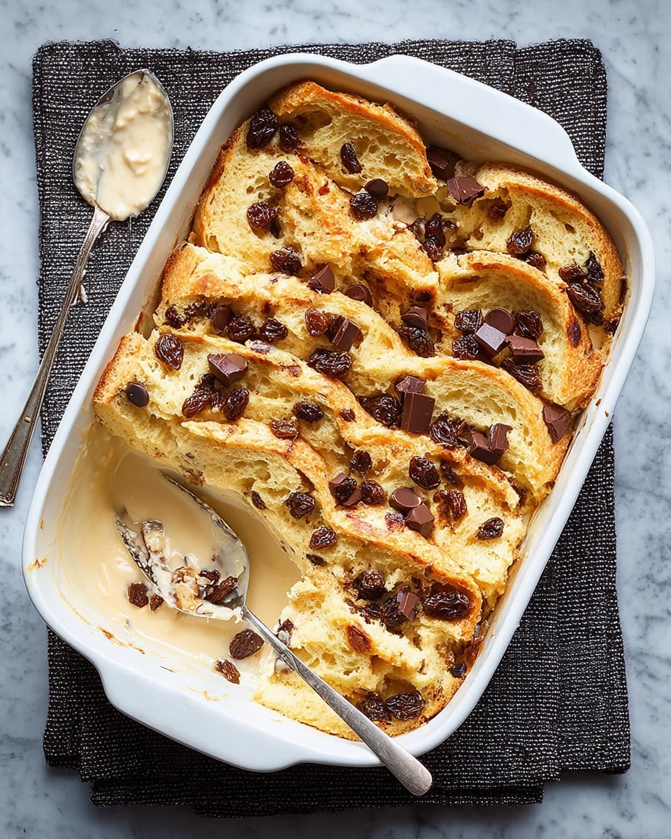 The dish is a white rectangular baking dish filled with layered bread pudding. The top layer consists of golden brown slices of bread arranged side by side in a slightly overlapping pattern. Scattered across the bread are dark chocolate chips and pieces of what looks like dried fruit, possibly dates or cherries, adding a rich dark contrast. The pudding has a creamy sauce that is visible where a portion has been scooped out near the bottom left corner, showing the soft soaked texture beneath the bread. The dish rests on a dark textured cloth on a white marbled surface with a spoon beside it, which has some pudding and chocolate residue on it. photo taken with an iphone --ar 4:5 --v 7