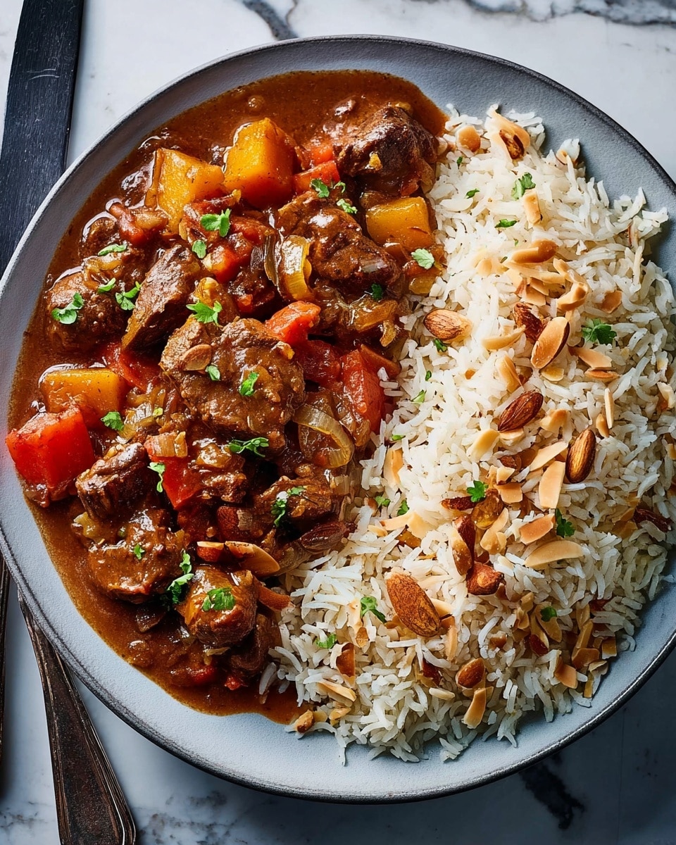 A round white plate holds two main parts of the dish, placed side by side. On the left, there is a rich, chunky stew with visible pieces of brown meat, red and yellow vegetables, and a glossy brown sauce, sprinkled with small green herb leaves on top. On the right is a serving of fluffy white rice mixed with toasted almond slices and small pieces of browned onions, adding texture and a hint of gold color. The plate is set against a white marbled surface with a dark knife visible nearby. Photo taken with an iphone --ar 4:5 --v 7