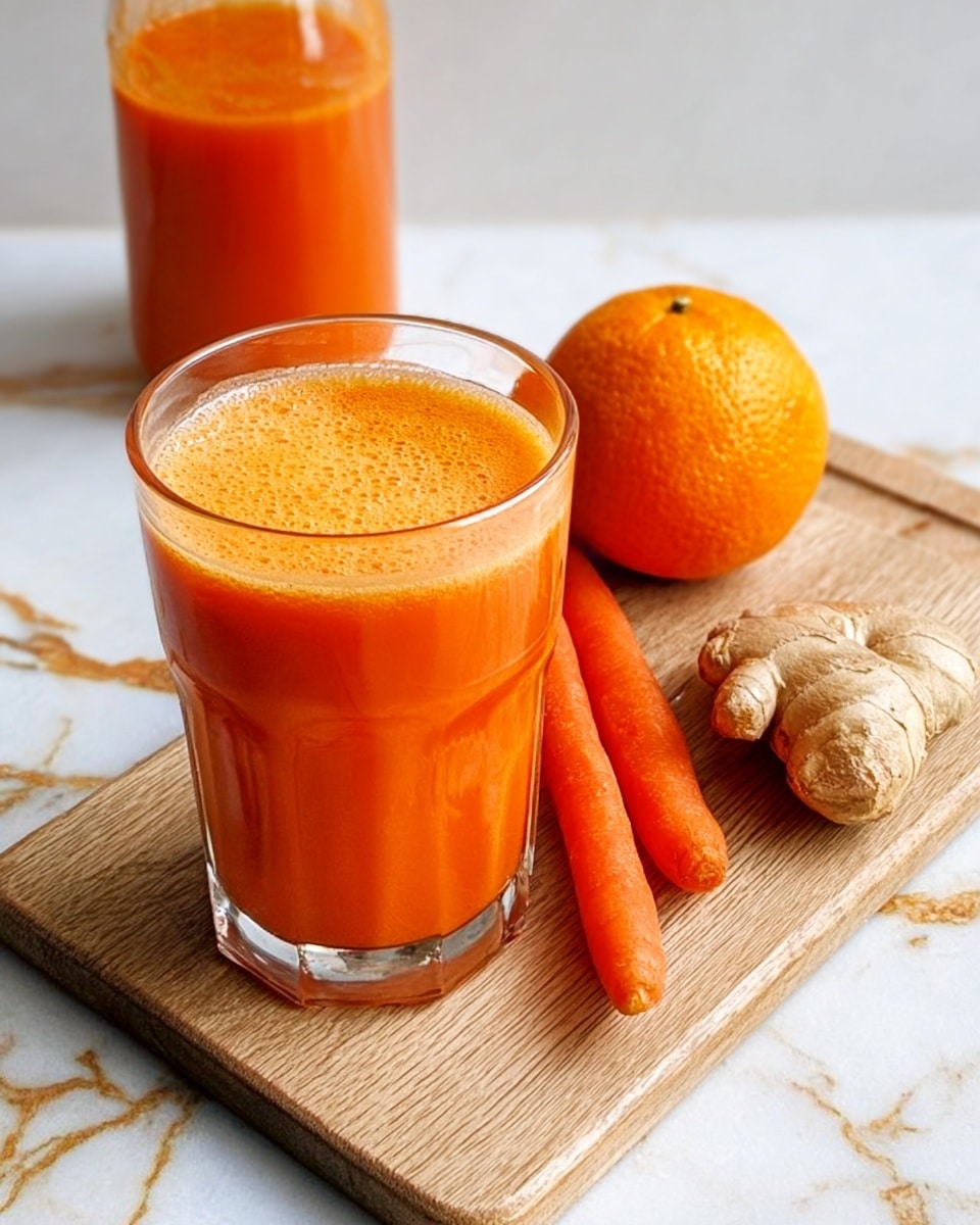 A clear glass filled nearly to the top with bright orange carrot juice sits on a rectangular wooden cutting board with a natural wood texture. Behind the glass, there is a clear glass bottle partially filled with more of the same carrot juice, showing a smooth liquid texture. To the right of the glass, three whole vegetables lie on the cutting board: a round, textured orange, two fresh carrots with a slightly rough skin, and a knobby ginger root with a tan, uneven surface. All objects rest on a white marbled surface with subtle gray and gold veins. photo taken with an iphone --ar 4:5 --v 7
