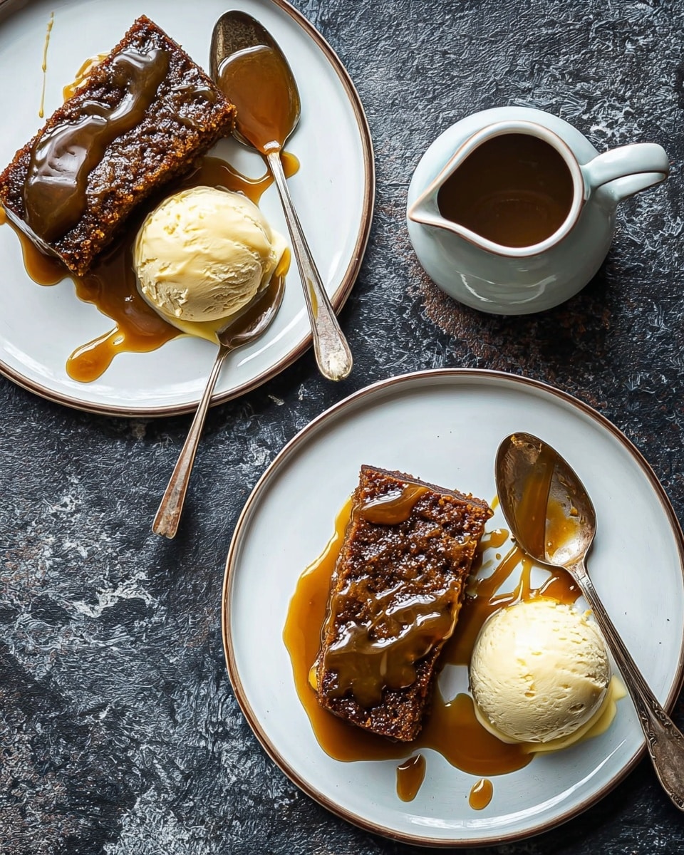 The image shows two white plates each with a single slice of dark brown sticky toffee pudding topped with shiny caramel sauce. Next to each cake slice is a round scoop of pale yellow vanilla ice cream with a smooth texture, one of which has caramel sauce drizzled on top. Each plate has a vintage silver spoon resting beside the ice cream. Above the plates, a small ceramic white jug holds extra caramel sauce, slightly spilling on the edge. All items are laid on a dark textured surface that contrasts with the white marbled background beneath. photo taken with an iphone --ar 4:5 --v 7