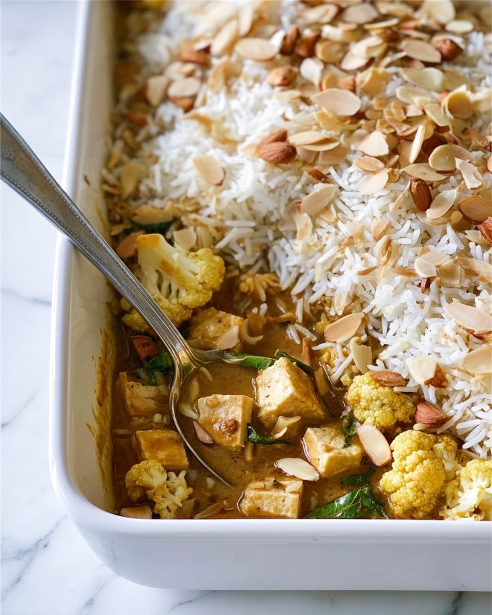 The image shows a white rectangular dish filled with a layered meal. The top layer is white rice mixed with thin, light brown sliced almonds, giving a crunchy texture. Below, there is a thick stew with visible pieces of yellow cauliflower, cubes of light brown tofu, and some green leaves scattered throughout. A silver spoon rests on the rice, with some grains and almond slices on it. The dish is set against a white marbled surface. photo taken with an iphone --ar 4:5 --v 7