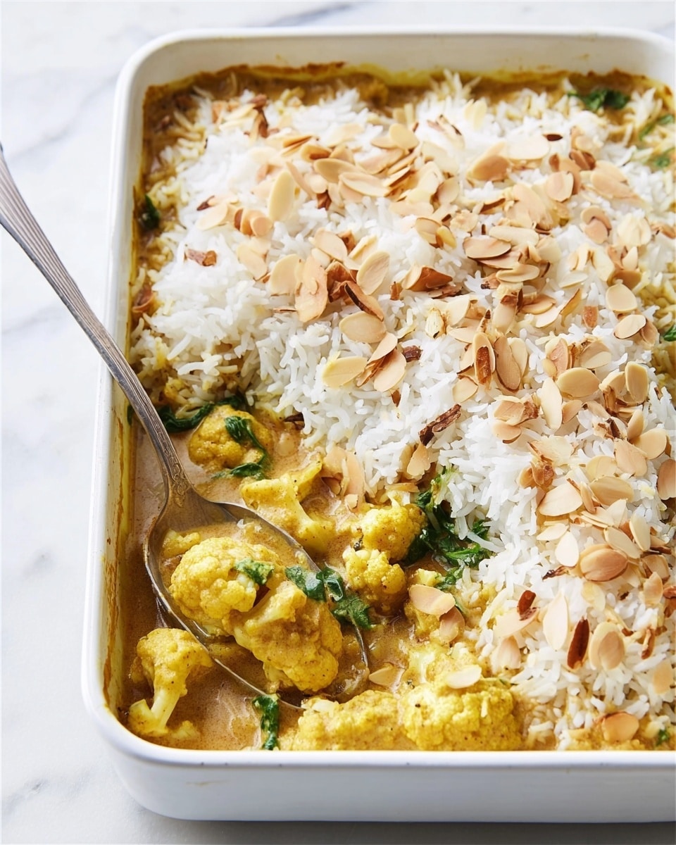 The image shows a white rectangular dish filled with two main layers: the top layer is fluffy white rice sprinkled with light brown toasted almond slices, and the bottom layer is a creamy curry with yellow cauliflower florets and green leaves. A spoon rests on the top left corner of the dish, slightly scooping into the rice layer to show the curry underneath. The whole dish is set on a white marbled surface. Photo taken with an iphone --ar 4:5 --v 7