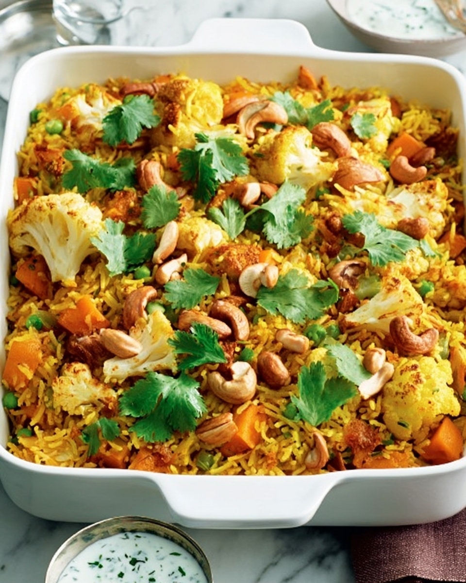 The image shows a white square casserole dish filled with a colorful layered rice dish. The base layer is yellow rice mixed with small pieces of orange vegetables. Above this, there are chunks of cooked cauliflower and cashew nuts scattered evenly, adding texture and contrast with their light brown and cream colors. Fresh green cilantro leaves are sprinkled on top, providing a fresh and vibrant touch. The dish sits on a white marbled surface, with a small silver bowl of white sauce with green herbs beside it. Photo taken with an iphone --ar 4:5 --v 7