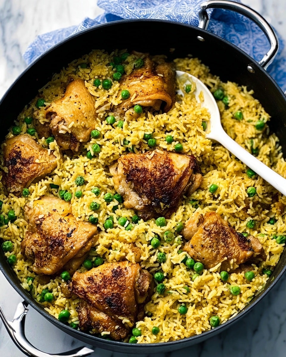 The image shows a black cooking pot filled with a dish made of cooked yellow rice mixed with green peas and several pieces of browned chicken thighs layered on top. The rice grains are fluffy and evenly spread, mixed with bright green peas scattered throughout the pot. The chicken pieces have a well-cooked, crispy golden brown skin and are arranged mostly around the edges and center of the pot. A white spoon rests inside the pot, partially submerged in the rice near the chicken. The pot sits on a white marbled surface with a blue and white cloth partially visible in the background. Photo taken with an iphone --ar 4:5 --v 7