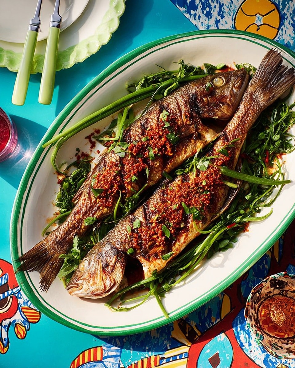 The dish shows two whole grilled fish placed side by side on a large white oval plate with a green rim. Each fish has browned, crispy skin with grill marks and is garnished with chopped red seasoning spread over the top. Under and around the fish are green leafy herbs and long, thin green stems that look like sea beans, adding a fresh contrast in color. The plate rests on a vibrant blue cloth with red and yellow patterns and a white marbled surface visible at the edges. To the left, there is a white plate with a light green scalloped edge and a woman’s hand holding light green-handled cutlery. Photo taken with an iphone --ar 4:5 --v 7