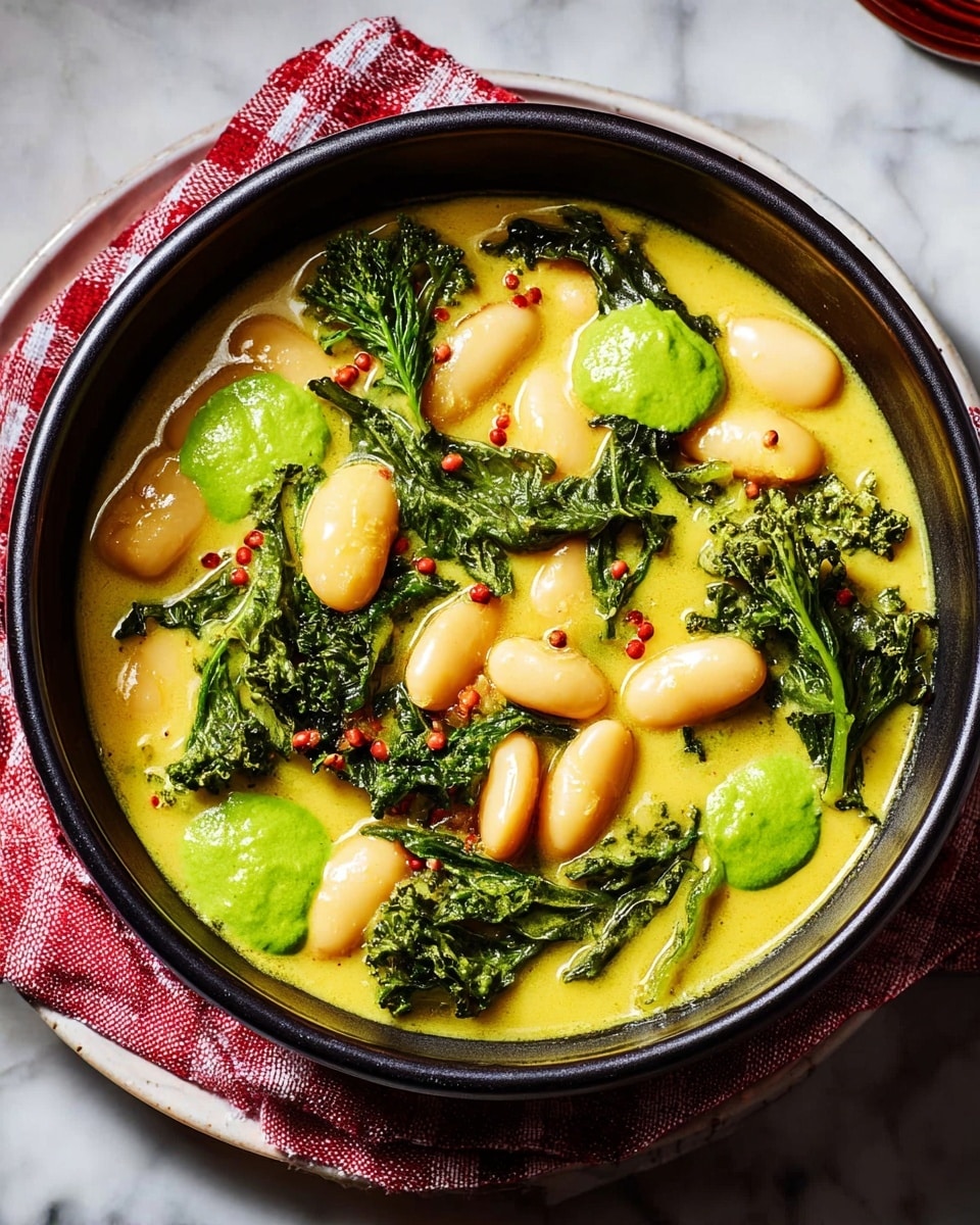 A black bowl filled with a creamy yellow curry base, topped with large pale yellow butter beans and bright green kale leaves. There are dollops of vibrant green sauce scattered over the beans and greens, with small red mustard seeds sprinkled around. The bowl rests on a white plate with a red checkered cloth beneath it, all placed on a white marbled surface. The textures show a mix of smooth curry, soft beans, and leafy greens. photo taken with an iphone --ar 4:5 --v 7