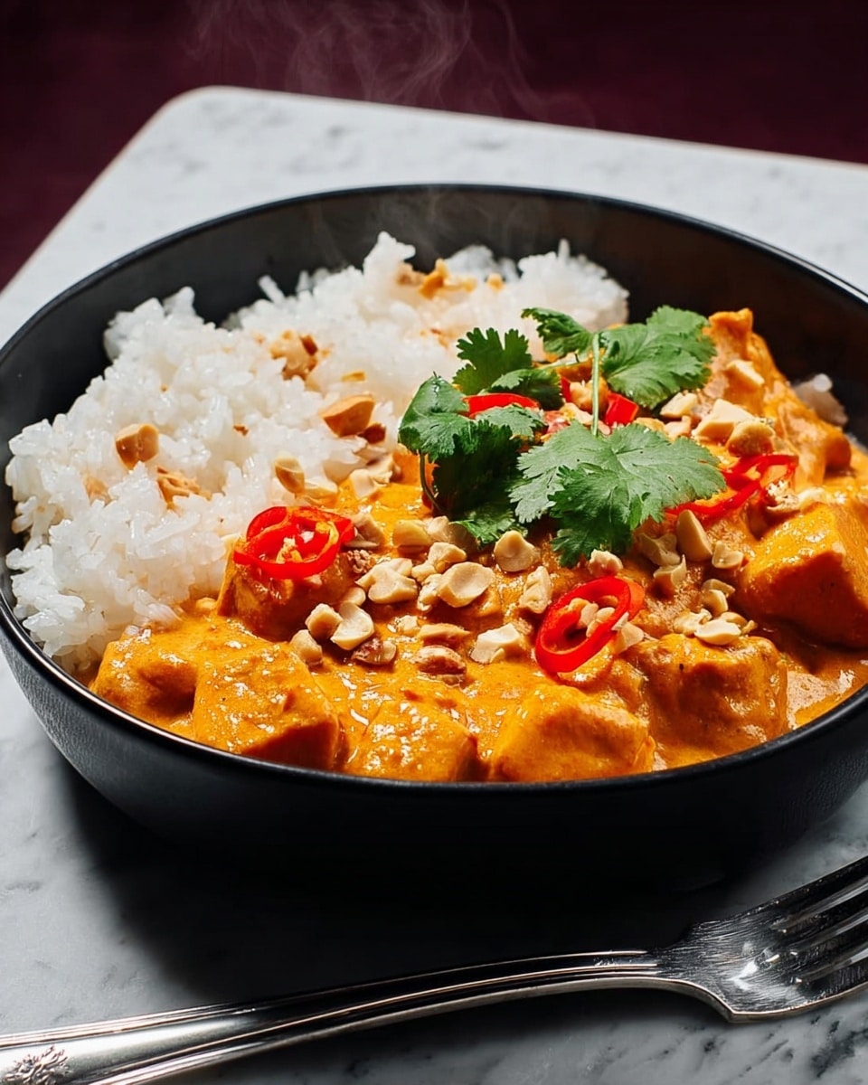 A black bowl filled with white steamed rice on one side, and chunky pieces of bright orange curry on the other, covered in a thick, creamy sauce. The curry is topped with small red chili slices, fresh green cilantro leaves, and chopped nuts scattered on top. Steam rises gently from the hot food, giving a fresh, warm feeling. The bowl sits on a white marbled surface with a silver fork placed beside it. photo taken with an iphone --ar 4:5 --v 7