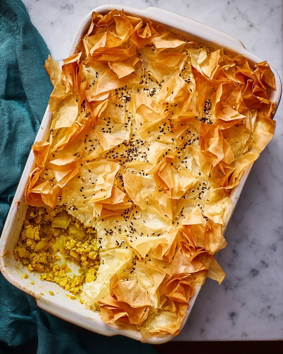 A white rectangular dish filled with a layered baked dish. The top layer is crinkled, thin, golden-brown pastry sheets sprinkled with small black seeds, giving a crispy texture. Underneath, the filling is visible in one corner, showing a mix of light greenish-yellow lentils and small pieces of cauliflower florets, creating a soft and chunky look. The dish is placed on a white marbled surface with a dark green cloth partially visible to the side. photo taken with an iphone --ar 4:5 --v 7