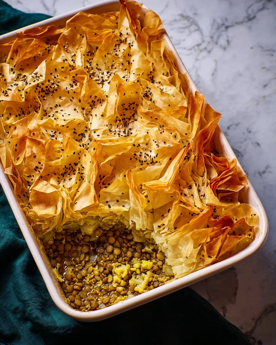 A white rectangular baking dish is filled with a layered casserole; the top layer has crinkled, golden-brown phyllo dough sheets sprinkled with small black seeds. The top left part shows the full crispy phyllo layer, while the bottom right corner is cut open to reveal a creamy, yellow curry-like filling with visible cauliflower pieces and green lentils underneath. The dish is placed on a white marbled surface, and a folded teal cloth is partially visible to the left. Photo taken with an iphone --ar 4:5 --v 7