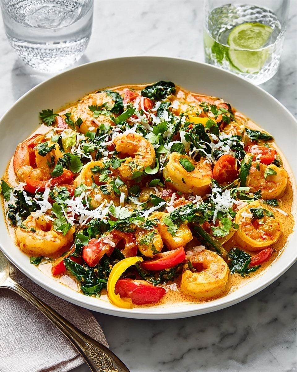 A white shallow bowl filled with a colorful shrimp curry. The dish is layered with plump orange shrimp sitting on a bed of soft cooked greens and sliced red and yellow bell peppers. Bright red tomato halves and chopped fresh green herbs are scattered on top with coconut flakes adding a white, flaky texture. The curry sauce is light orange and slightly creamy, surrounding the ingredients. The bowl is on a white marbled surface, with a small glass and a spoon beside it. photo taken with an iphone --ar 4:5 --v 7