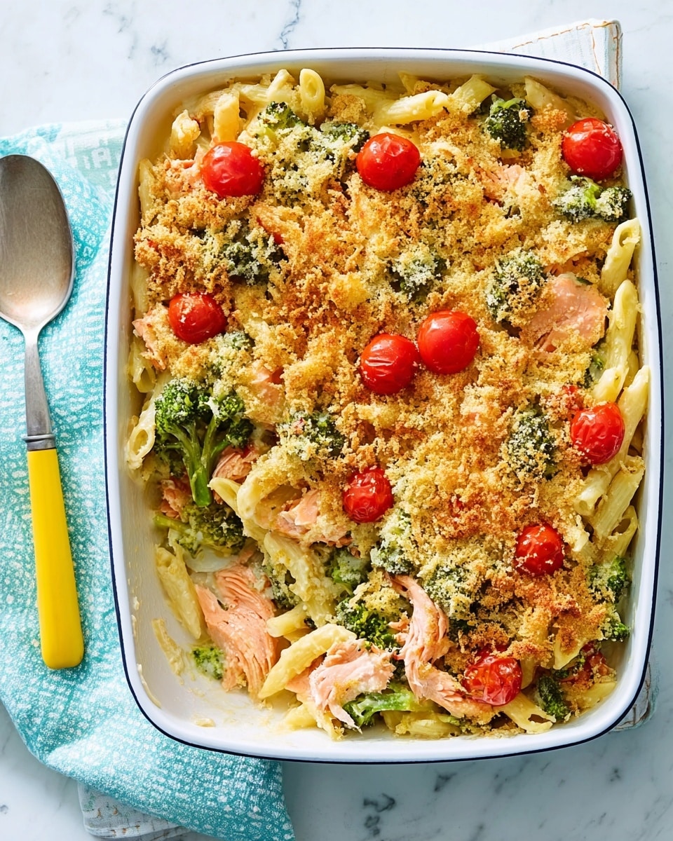 A white square baking dish filled with a layered pasta casserole sits on a white marbled surface. The bottom layer consists of pale yellow penne pasta mixed with green broccoli florets and chunks of pink salmon. On top is a golden brown crumbly topping with a crunchy texture, scattered with bright red halved cherry tomatoes. To the left of the dish, a silver spoon with yellow handle rests on a light blue cloth napkin with pattern. Photo taken with an iphone --ar 4:5 --v 7