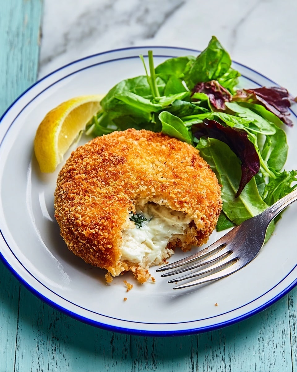 The image shows a white plate with a blue rim placed on a white marbled surface. On the plate, there is a single round, golden-brown breaded item with a bite taken out, revealing a creamy white filling inside. Next to it, there is a small pile of mixed green leaves and a wedge of lemon. A fork is resting on the right side of the plate, partially touching the breaded item. photo taken with an iphone --ar 4:5 --v 7