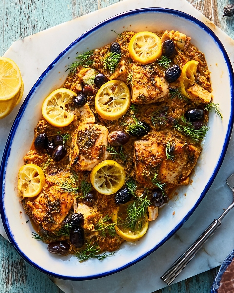 The image shows a white oval plate with a blue inner rim filled with a layered dish. The base layer is a golden-brown baked mixture with visible herbs and spices. On top, there are six pieces of browned cooked chicken placed unevenly. Around and between the chicken pieces, there are bright yellow lemon slices and scattered black olives. Green herb leaves and sprigs of dill add a fresh touch, resting on the chicken and lemons. The plate is on a white marbled textured surface, with a metal serving tool partially visible to the right and a woman's hand just barely entering the frame from the left. Photo taken with an iphone --ar 4:5 --v 7
