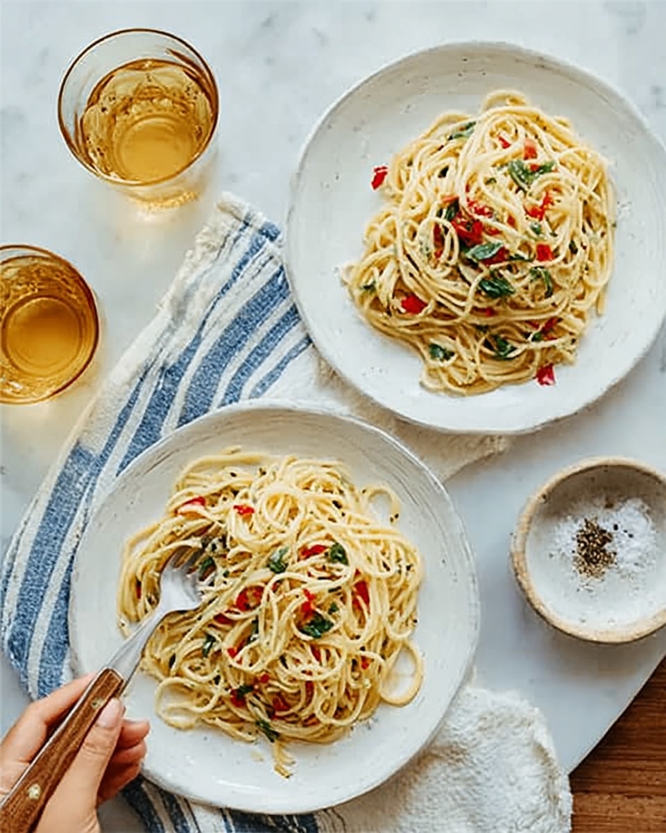 Two white plates of spaghetti are shown from above on a white marbled surface with a blue and white striped cloth nearby. Each plate has a single layer of spaghetti mixed with small bits of red chili and green herbs, giving a simple, fresh look. One plate has a wooden-handled fork resting on the edge, with a woman’s hand holding the fork. There are two amber-colored glasses filled with a drink placed near the plates, and a round white bowl with salt and pepper is on the side. The lighting is soft and natural, creating a warm, inviting feel. Photo taken with an iphone --ar 4:5 --v 7