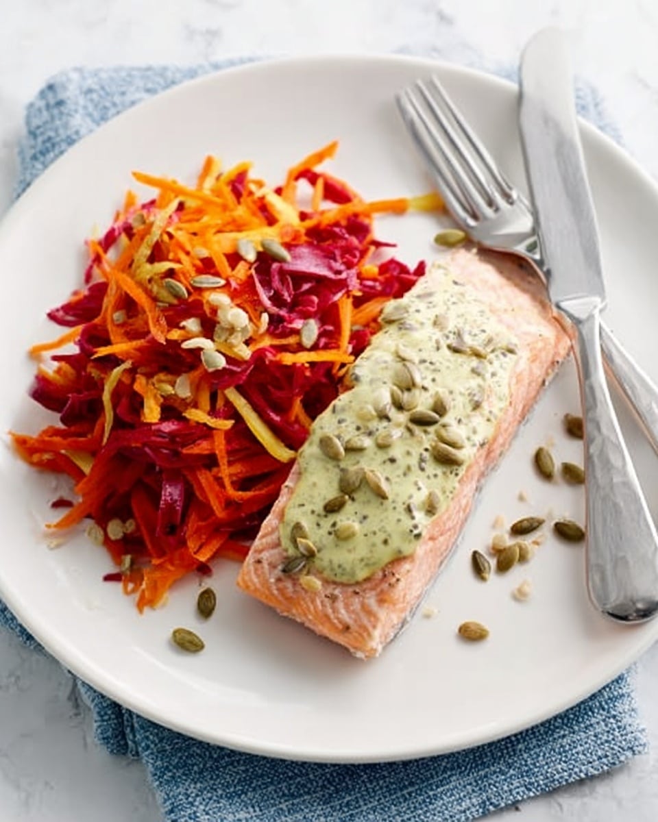 A white plate on a white marbled surface holds a piece of cooked salmon fillet, pinkish-orange with a moist texture, topped with a pale green creamy sauce that has small dark specks. Next to the salmon is a colorful salad made of shredded bright orange carrots, deep red beetroot, and thin cabbage strips, garnished with sunflower and pumpkin seeds, giving a mix of crunchy and soft textures. A silver fork and knife rest on the plate’s top right edge, with a portion of blue and white cloth visible underneath the plate photo taken with an iphone --ar 4:5 --v 7