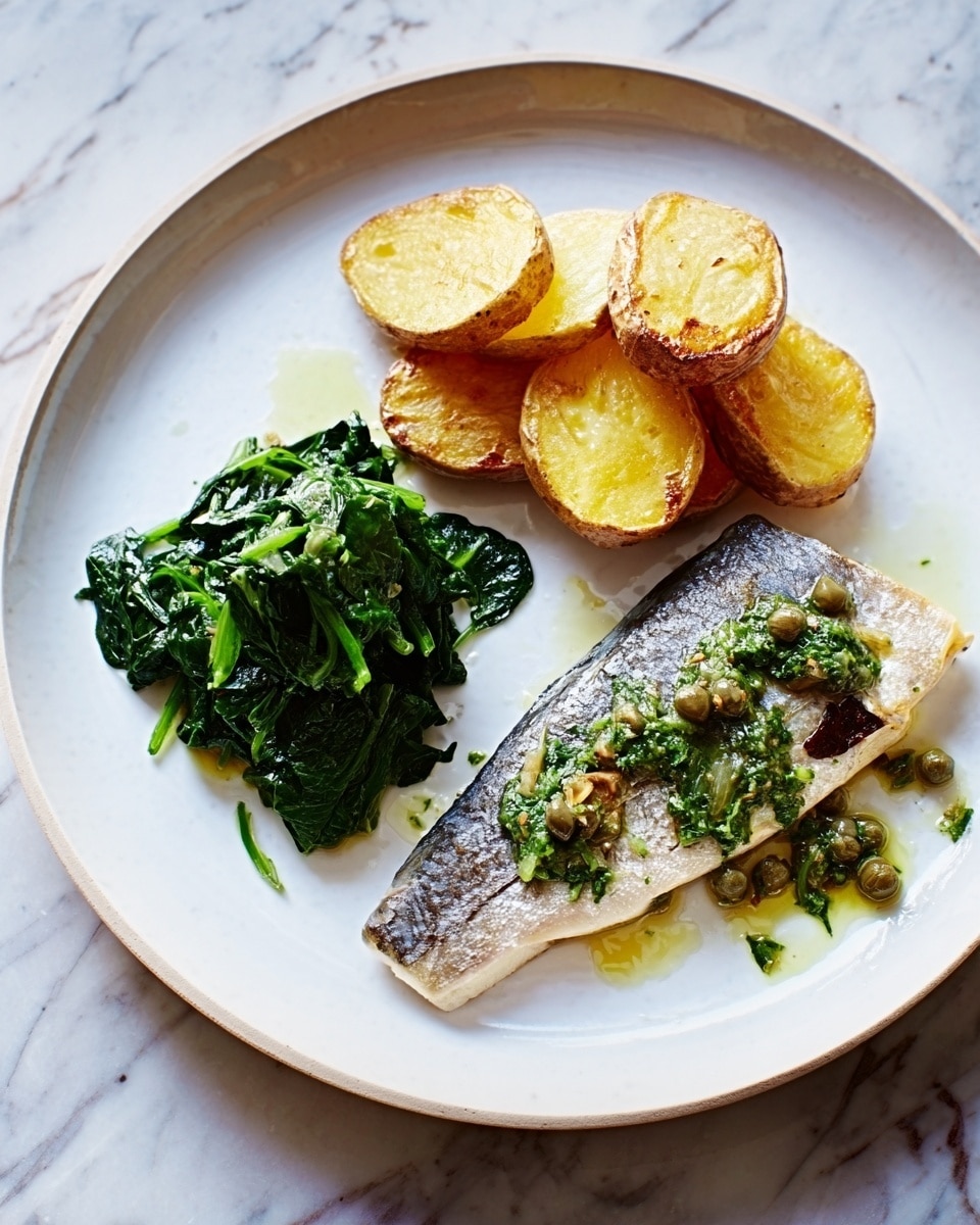 A white plate on a white marbled surface holds a meal with three parts: a layer of golden-brown roasted potato slices arranged in a small pile at the top right, a portion of cooked dark green spinach with some glossy shine on the left, and a piece of cooked fish with silver and gray skin at the bottom right, topped with a green herb sauce and small capers, glistening with olive oil. photo taken with an iphone --ar 4:5 --v 7
