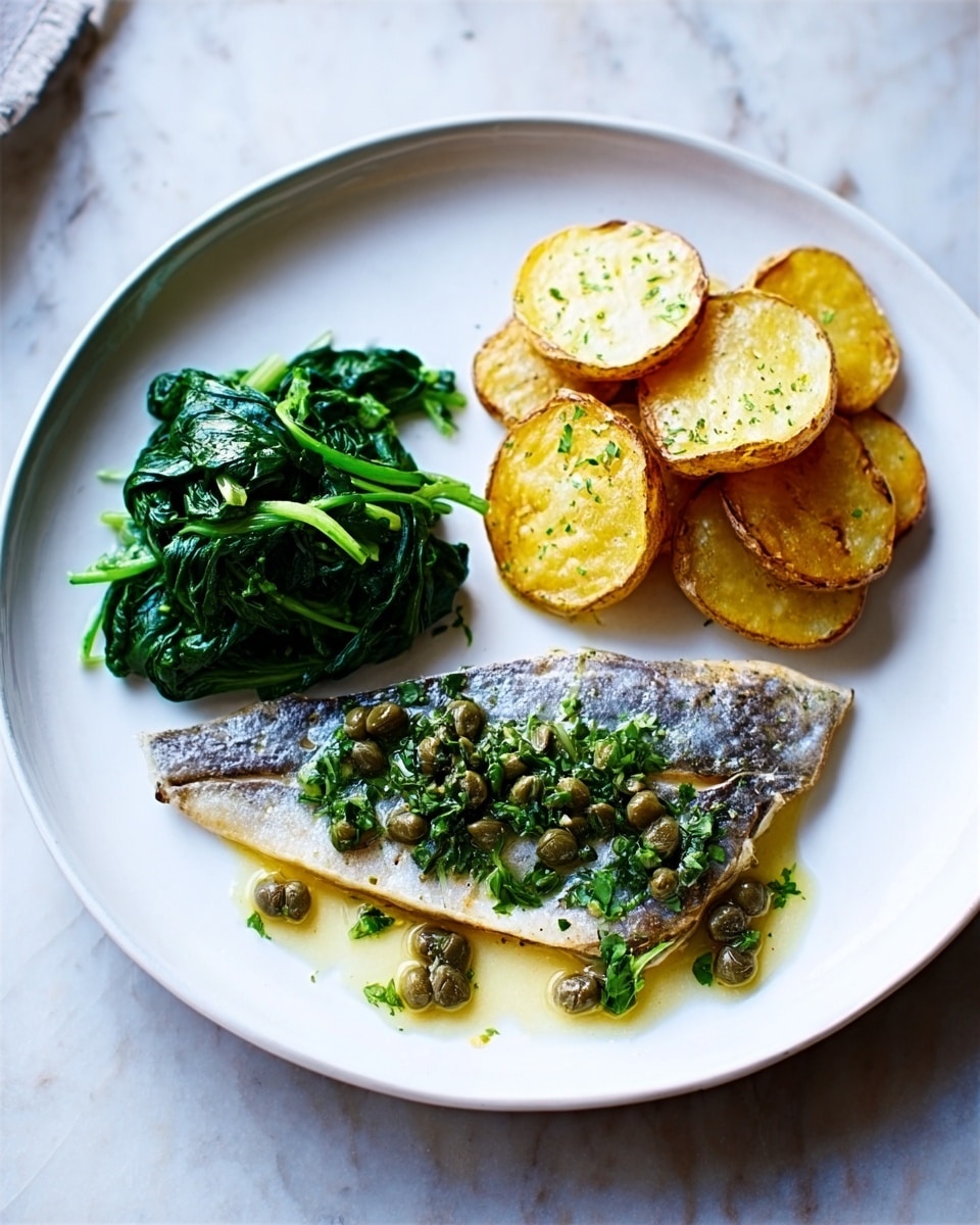 A white round plate on a white marbled surface holds a simple, clean meal arranged in three parts. On the left side of the plate, there is a small pile of cooked spinach, dark green with a slight shine and soft texture. Next to it, slightly overlapping, is a layer of golden brown roasted potato slices, each oval-shaped with crispy edges and a light sprinkling of herbs on top. On the right side lies a single fillet of cooked fish with grayish skin and white flesh, topped with a glossy yellow-green sauce containing small green capers and chopped herbs. The dish looks fresh and lightly dressed. Photo taken with an iphone --ar 4:5 --v 7
