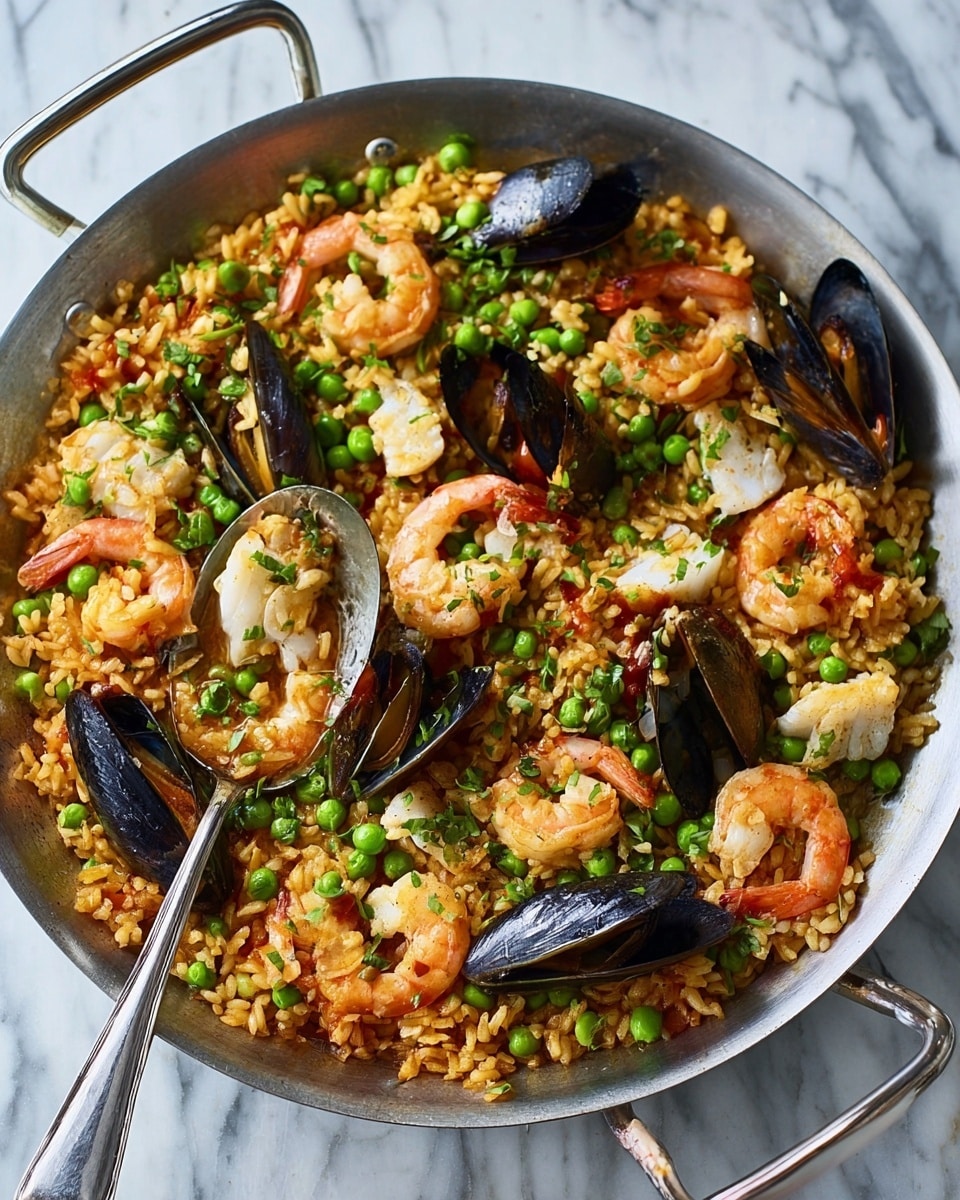 A large silver pan sits on a white marbled surface, filled with a layered seafood paella. The bottom layer is golden, cooked rice with a slightly oily texture. Scattered evenly over the rice are bright green peas, adding color contrast. On top, there are many pink-orange shrimp curled and distributed across the dish. Black mussel shells with an iridescent shine are open, revealing the soft orange flesh inside, placed evenly. Pieces of white fish with a flaky texture are also mixed in. A silver spoon rests in the pan near the front edge. The overall look is bright and fresh with varied textures and colors. Photo taken with an iphone --ar 4:5 --v 7