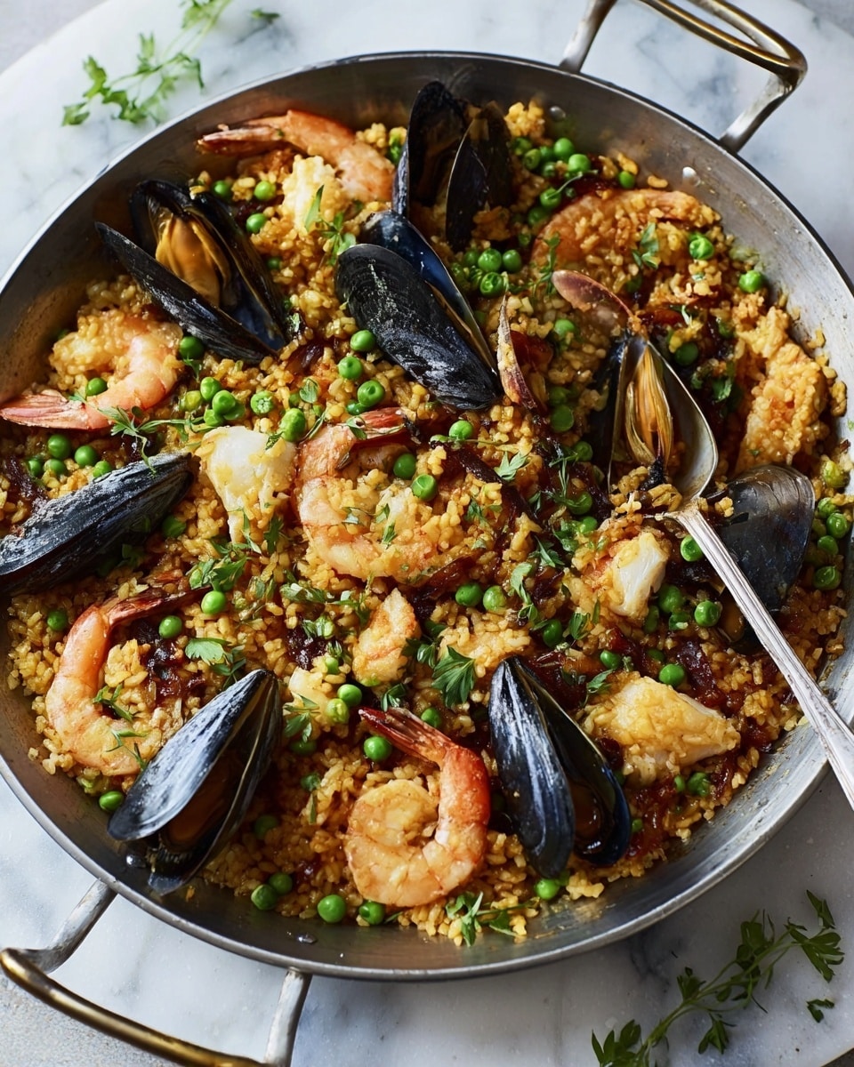 A shallow silver pan filled with a layered seafood paella, where the base layer is made up of golden-brown cooked rice mixed with small green peas spread evenly. On top of the rice, there are several pink shrimp with curled tails, black mussel shells partly open revealing the orange flesh inside, and pieces of white fish scattered throughout. The dish has a rustic look with a silver spoon resting inside the pan. The pan is set on a white marbled surface with a few small green herb leaves around. Photo taken with an iphone --ar 4:5 --v 7