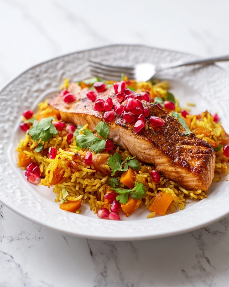 A white plate holds a serving of golden-brown spiced rice mixed with chunks of orange sweet potato and small red pomegranate seeds scattered throughout. On top lies a thick, grilled salmon fillet with a slightly crispy brown crust and a tender, pink interior. Fresh green cilantro leaves are placed on and around the rice, adding a bright contrast. A silver fork rests on the left side of the plate, slightly leaning against the food. The dish sits on a white marbled textured surface. photo taken with an iphone --ar 4:5 --v 7
